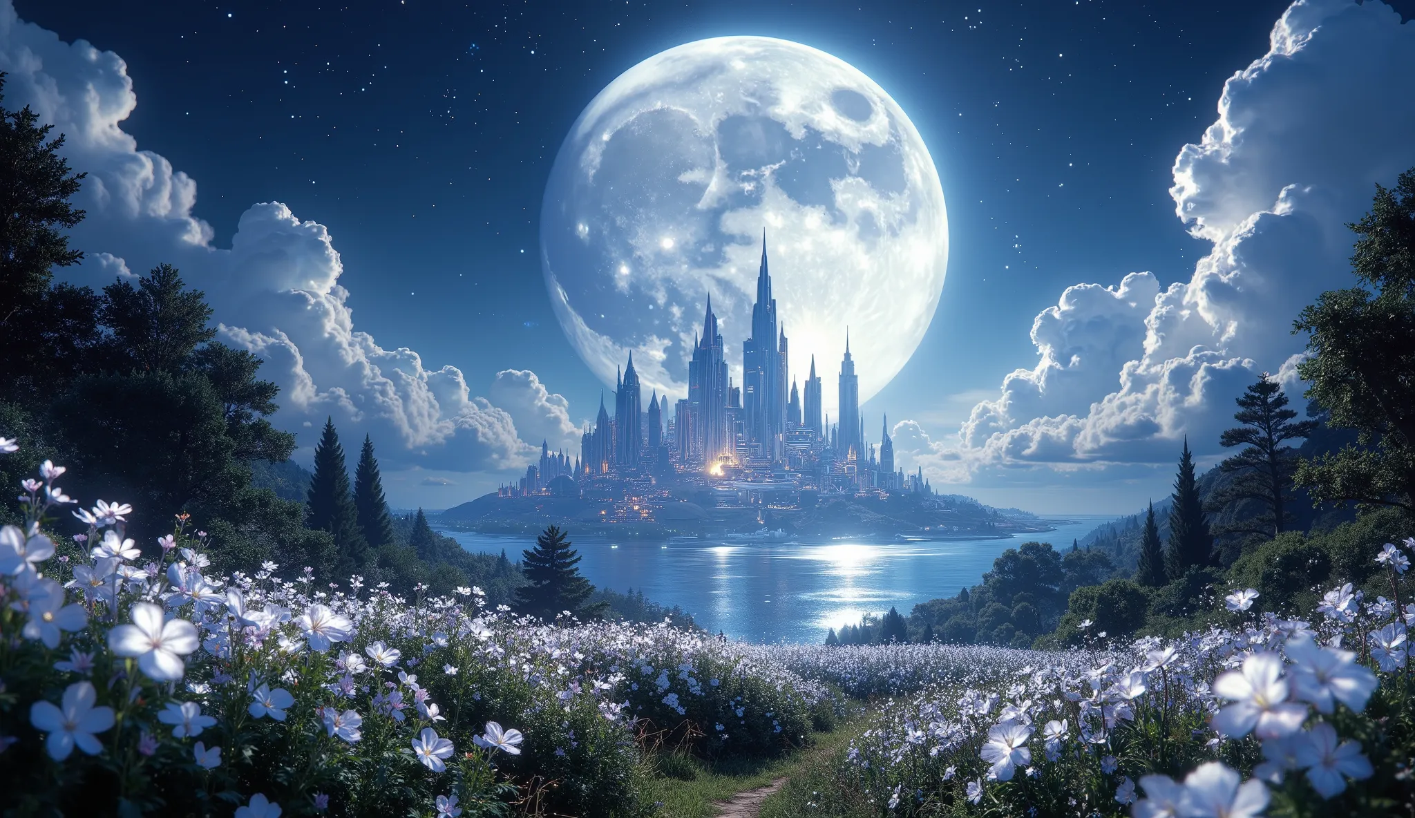 There is an image of a beautiful landscape with a giant moon, impressive fantasy 3D rendering,, an amazing magical city, a large ocean, a large forest of white flowers, a large number of clouds everywhere, a planet in the sky and stars, a very detailed mag...
