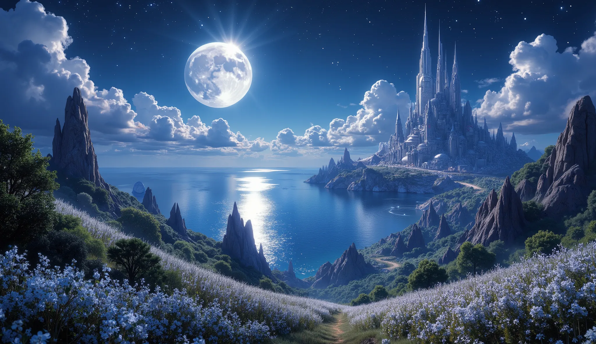 There is an image of a beautiful landscape with a giant moon, impressive fantasy 3D rendering,, an amazing magical city, a large ocean, a large forest of white flowers, a large number of clouds everywhere, a planet in the sky and stars, a very detailed mag...