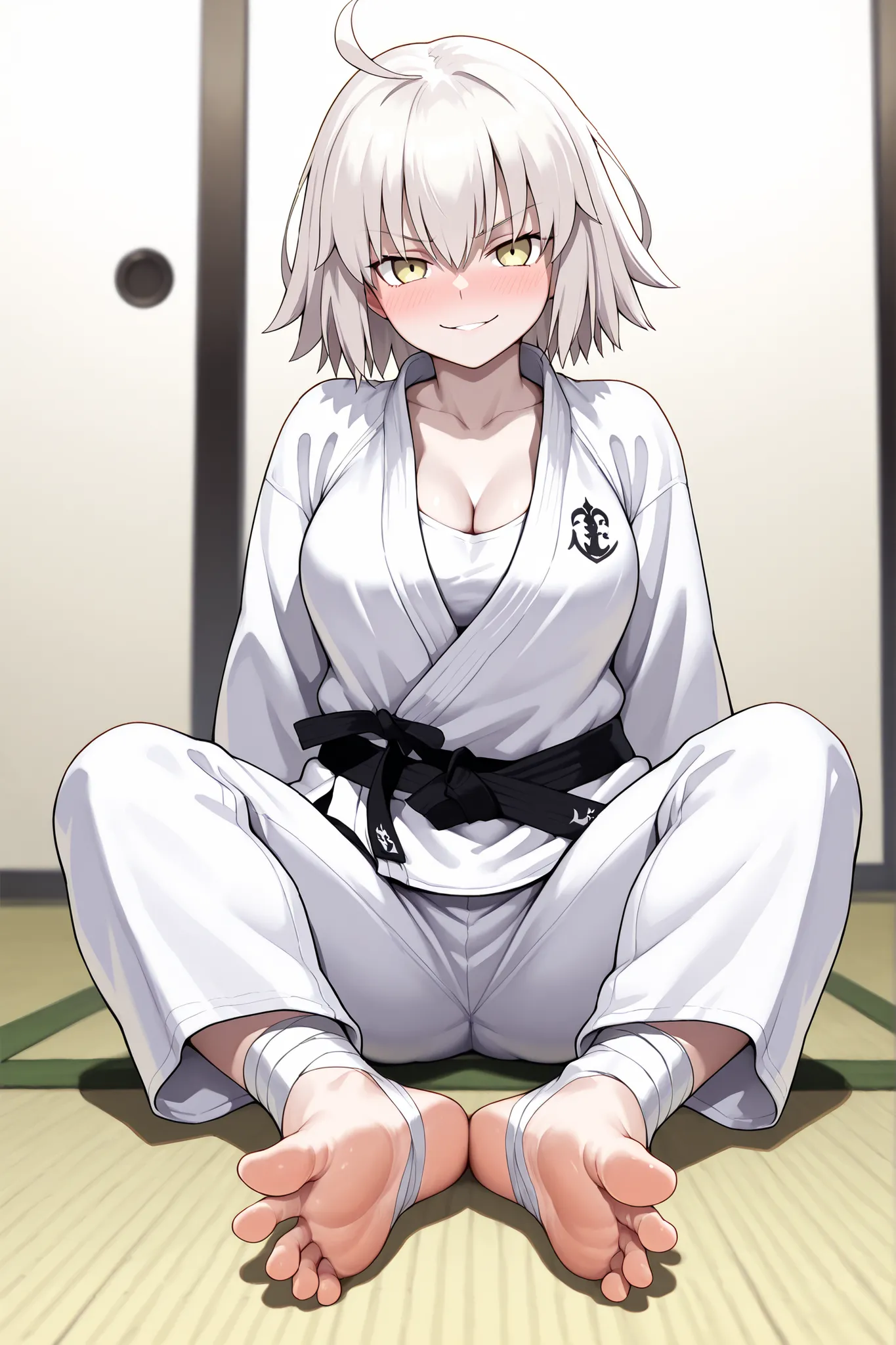 dashing Jeanne d'Arc (Alter)（fate）, dashing judo uniform, gi,white judo pants,black belt, full body, thin body, sexy body, blushing, seductive smile, showing two soles, perspective, toes, feet, barefoot,two ankles and toes injured and white bandaged,soles ...