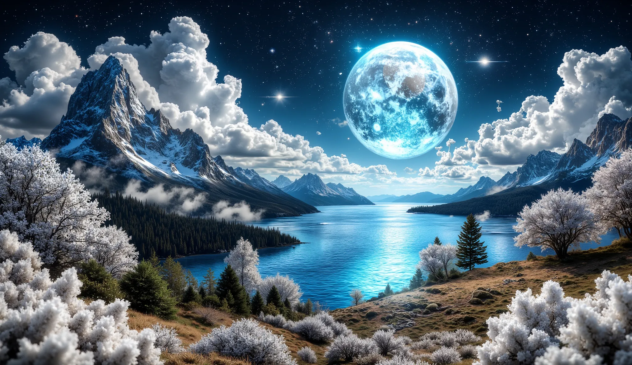 There is an image of a beautiful landscape with a giant moon, impressive fantasy 3D rendering,, an amazing magical city, a large ocean, a large forest of white flowers, a large number of clouds everywhere, a planet in the sky and stars, a very detailed mag...