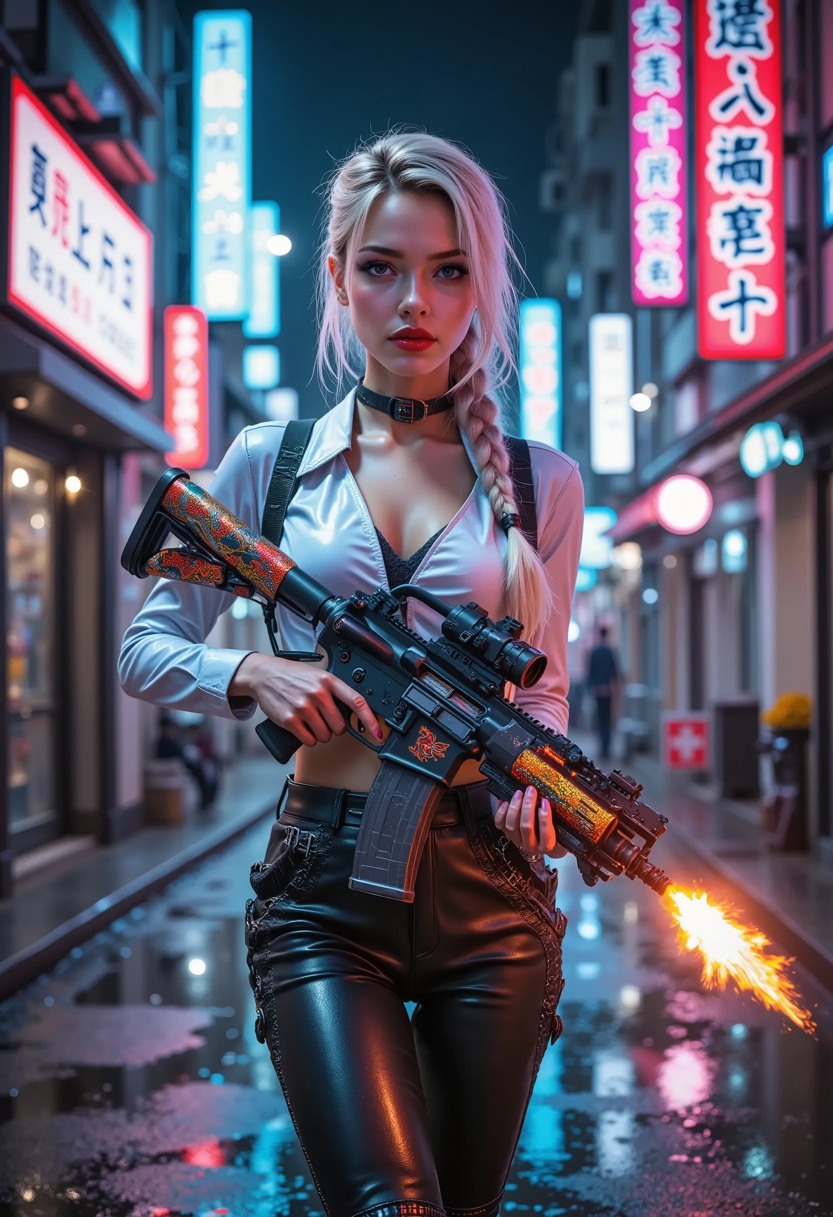  [Style: "Photorealistic, cinematic, cyberpunk"] (Key Directive: "Prioritize anatomical accuracy and material textures") { Character: "20-year-old Caucasian woman" | Face: "symmetrical, pale skin, full lips, red lipstick:1.15" | "(ultra absurd quality, ext...
