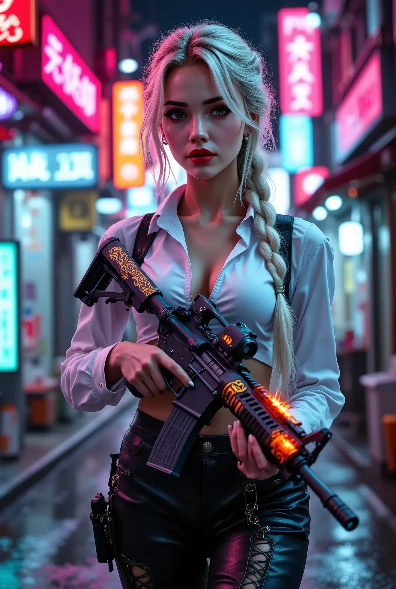  [Style: "Photorealistic, cinematic, cyberpunk"] (Key Directive: "Prioritize anatomical accuracy and material textures") { Character: "20-year-old Caucasian woman" | Face: "symmetrical, pale skin, full lips, red lipstick:1.15" | "(ultra absurd quality, ext...