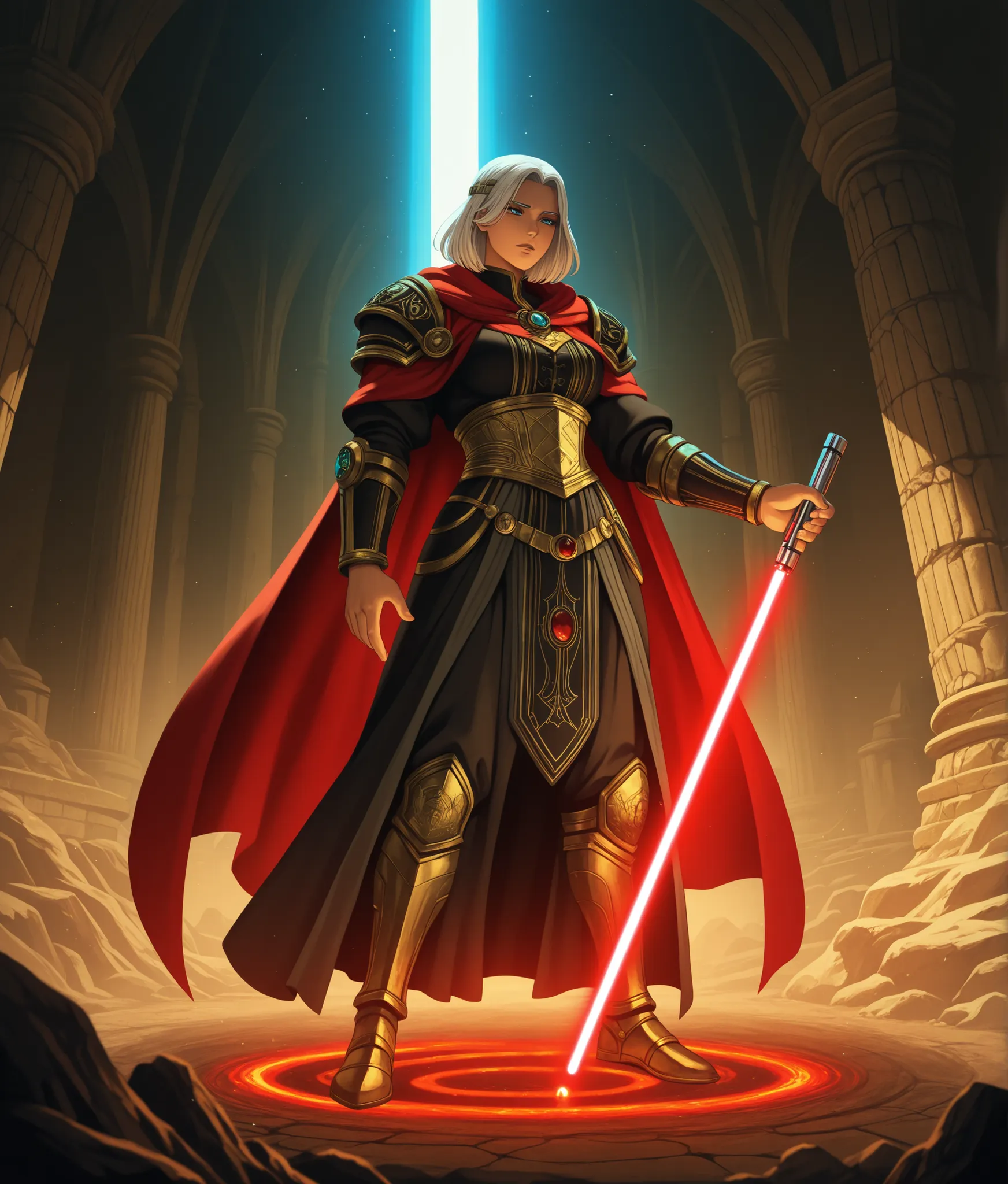1 garota, trapped in the magical portal of dimension, Monstro Lutador , Lightsaber, retrato detalhado, calm expression, Pose Determinada, red Lightsaber in hand, of the fantasy world revolving in the background, Ancient mystical ruins, cristais brilhante...