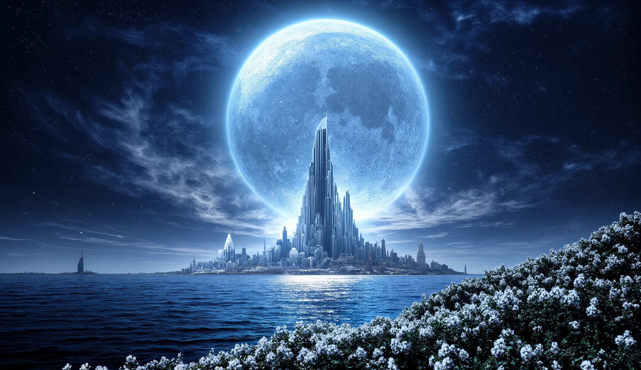 There is an image of a beautiful landscape with a giant moon, impressive fantasy 3D rendering,, an amazing magical city, a large ocean, a large forest of white flowers, a large number of clouds everywhere, a planet in the sky and stars, a very detailed mag...