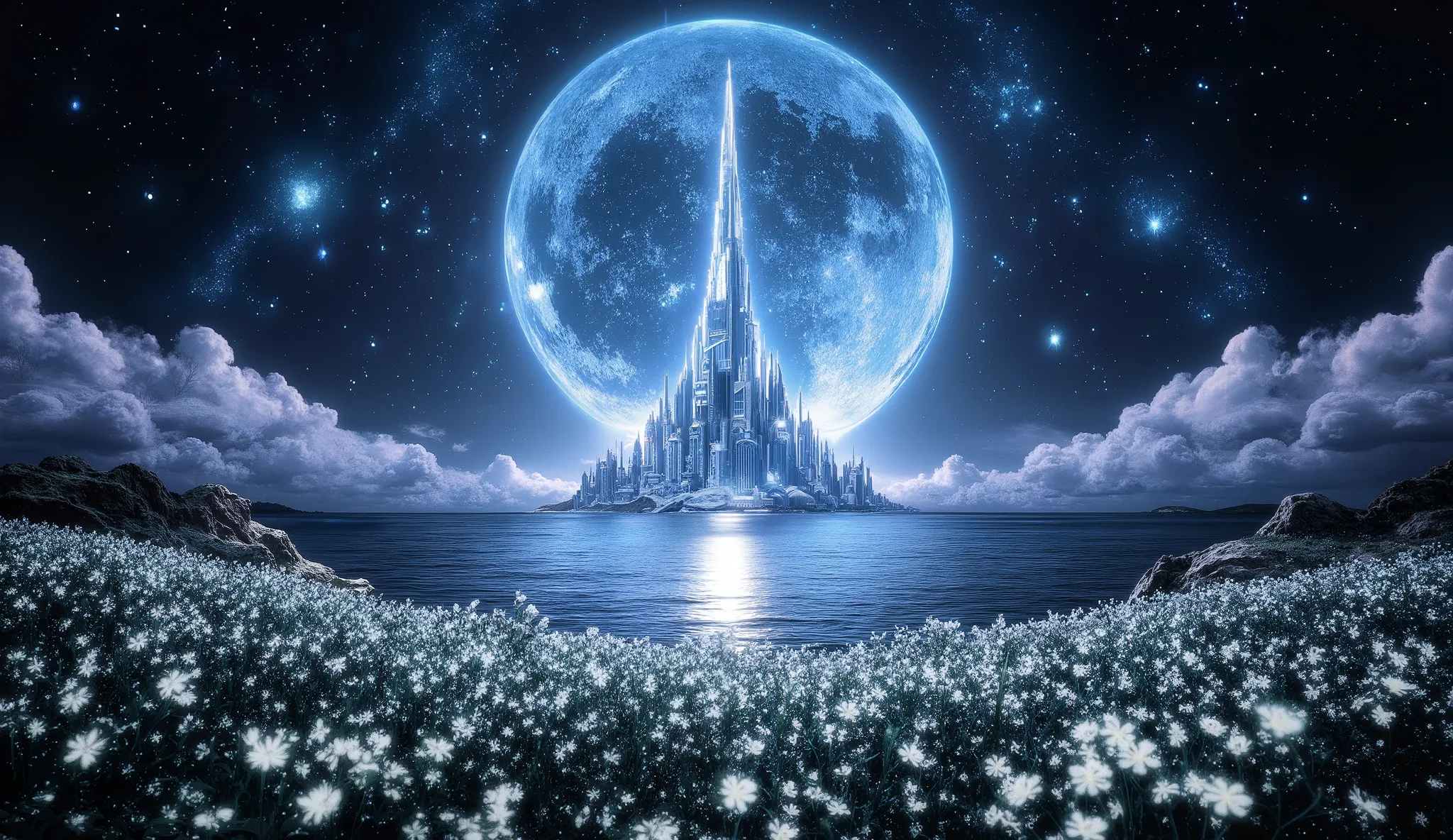 There is an image of a beautiful landscape with a giant moon, impressive fantasy 3D rendering,, an amazing magical city, a large ocean, a large forest of white flowers, a large number of clouds everywhere, a planet in the sky and stars, a very detailed mag...