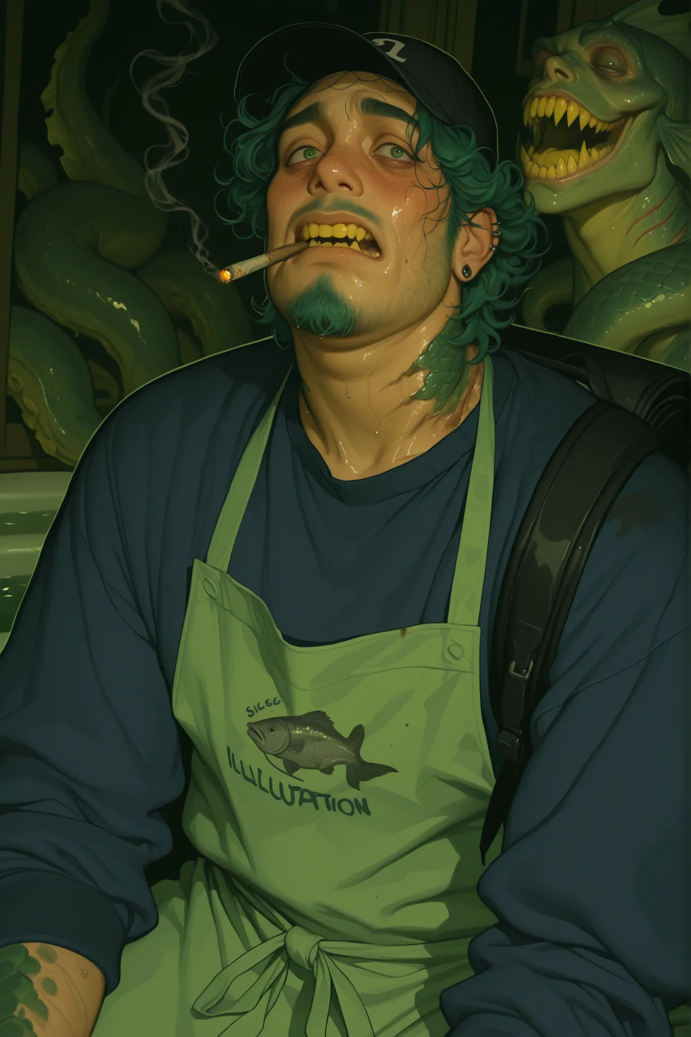 2d semi realistic image of a Chubby short young man, cherubic face, green tint to skin, sickly skin, deep green blush, gills on neck, chubby and plus size. Wearing black ballcap with dead fish cartoon design on the front, shaggy long blue and green mullet...