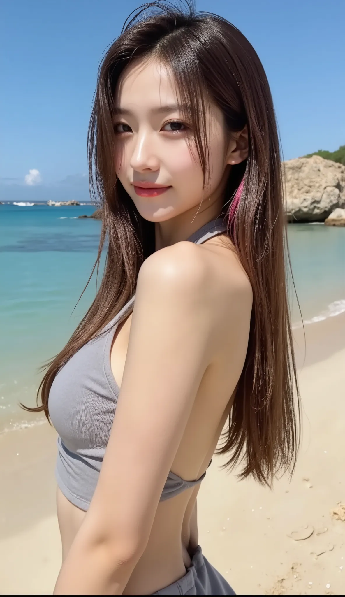 ((depicts a young girl who hits a drum water splash {x} Korean pop idol。),(full body shot with mahiru),((tropical ocean and beach)),(( halter neck swimsuit)),(nice smile),(beautiful Korean idol makeup,beautiful lips,dark eyeshadow,Long Lashes),shiny skin s...