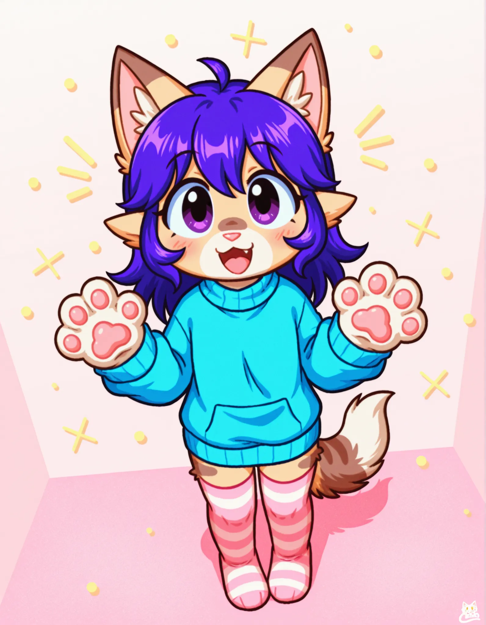 full furry, anthropomorphic female cat, young girl, big eyes, fluffy body, fluffy pointed ears, animalistic character, long purple hair, wearing a blue sweater and pink striped stockings, cute face, fluffy ears, hands are cat paws, 4 fingers, small cat mou...