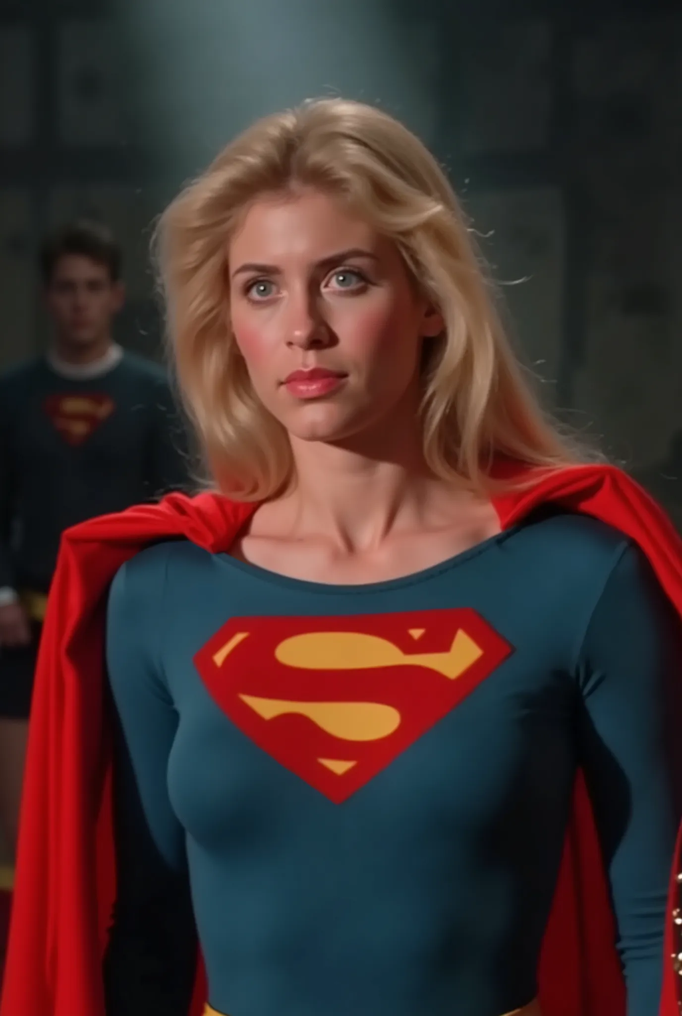 (sexy and adorable beauty with long blond hair with blue eyes Helen Slater, she is wearing a long-sleeved blue crop top, In the chest "S" emblem、Gold trim on sleeves, short pleated red skirt and gold supergirl belt, tall red boots with gold trim , and a lo...