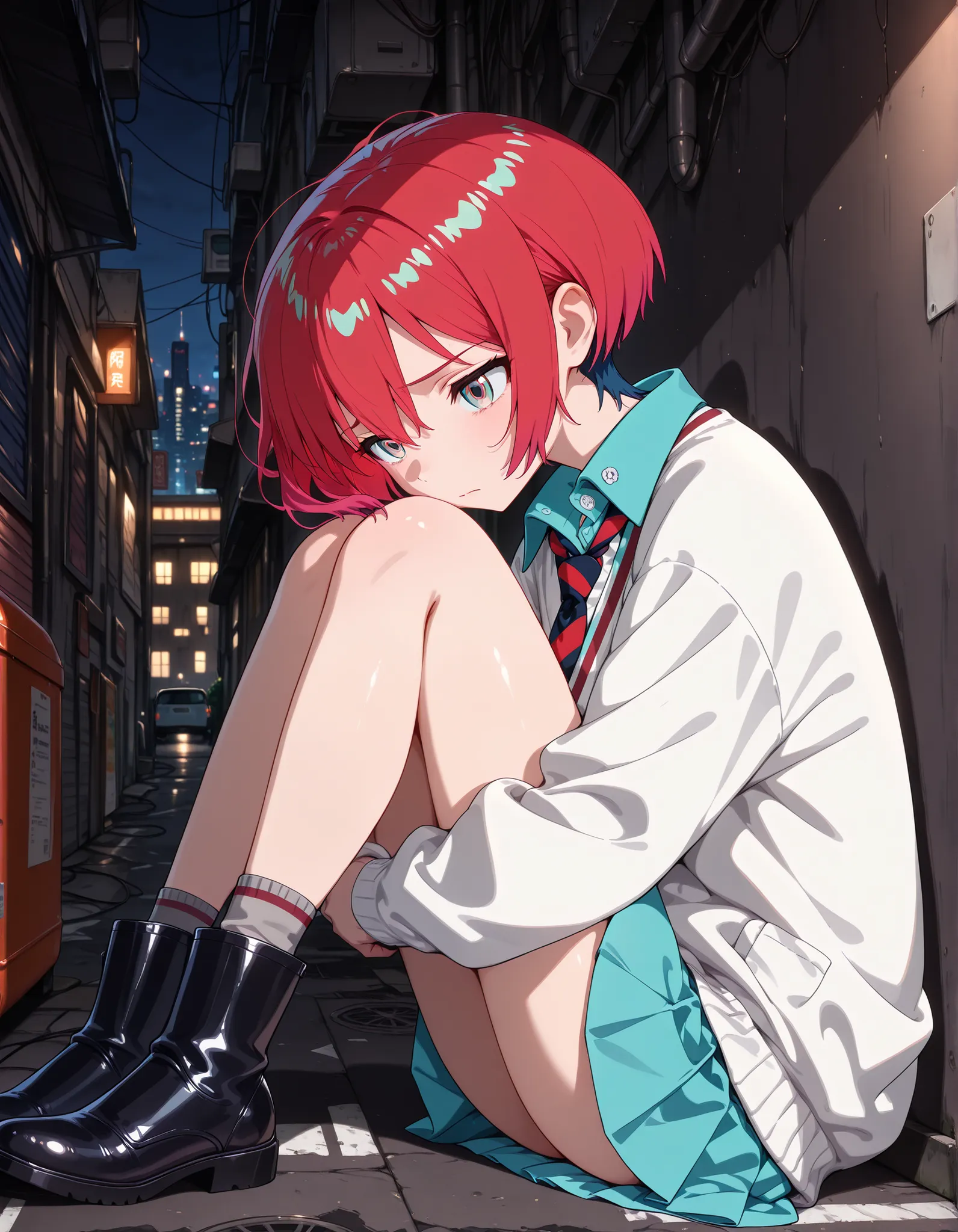 night city,back alley,dark,messy street,1girl,solo,from side,sitting,1girl,GQuX-amate_yuzuriha, red hair, multicolored hair, short hair, aqua eyes, multicolored eyes, aqua shirt, striped necktie, white sweater, aqua skirt, grey socks, black boots,sad face,...