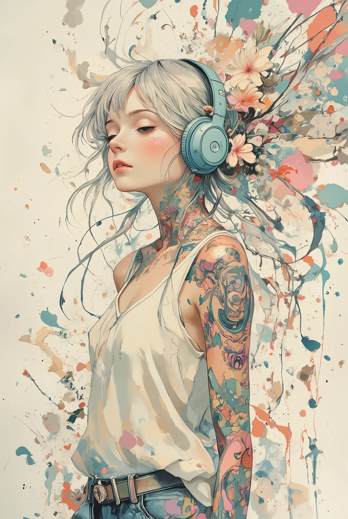 Young woman, light skin tone, mid-20s, serene expression,  wearing light beige, loose-fitting, flowing top; vibrant, pastel-colored, abstract tattoos cover her arms and shoulders; light-grey/blue hair styled in voluminous waves, adorned with pastel pink an...