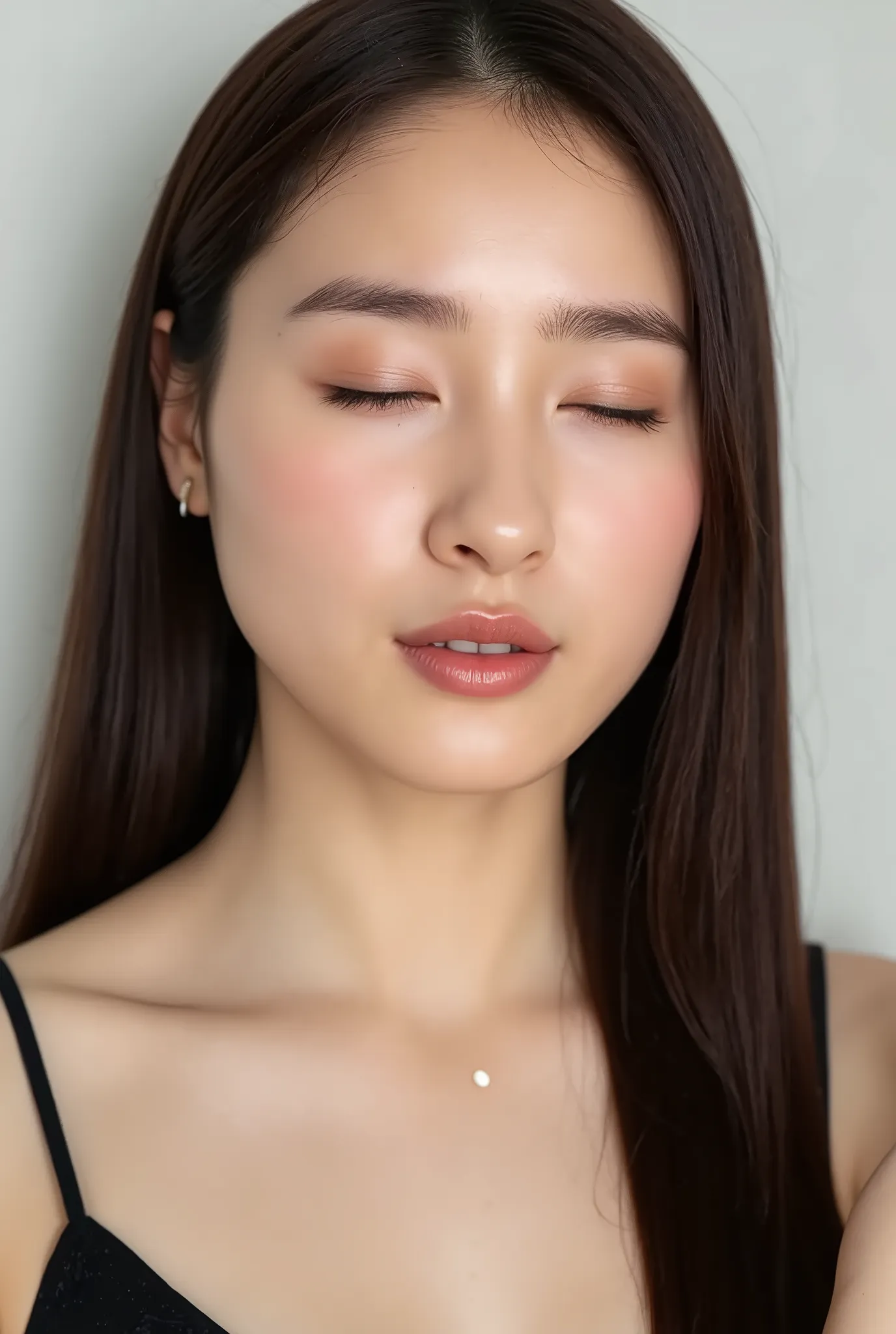 beautiful young woman, eyes closed, cheerful smiling expression, outer corners of eyes lowered, blushing cheeks, black camisole, collarbone visible, natural matte skin with fine texture, tightly puckered lips, lips pushed forward, small round kissy mouth, ...