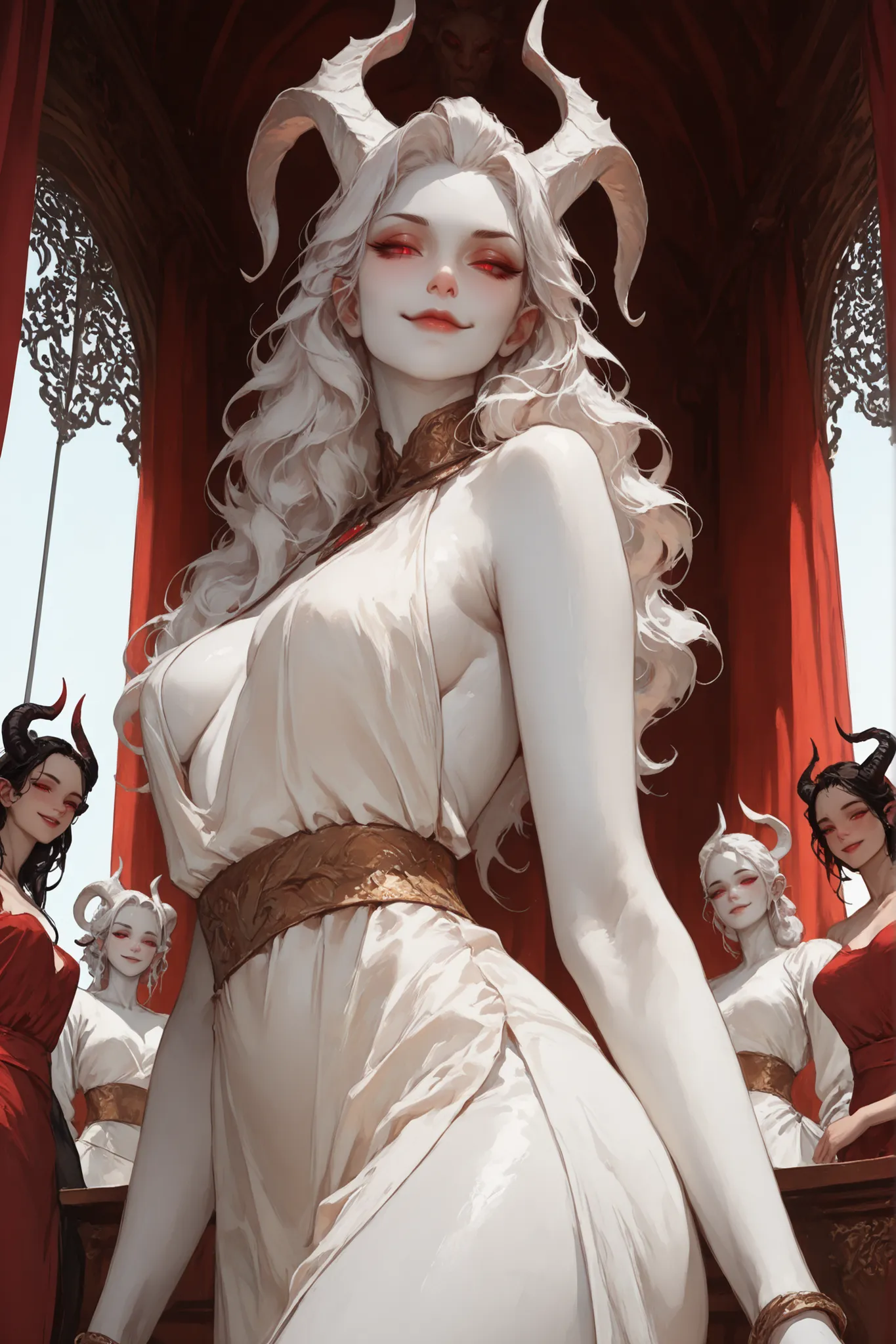 female, closeup, monster girl, diplomat, serious, smile, looking at viewer, multiple females, ancient, indoors, day, red eyes, slit pupils, from side, half-closed eyes, luxurious, ancient, ears, horns, pose, seductive, slim waist, meeting, dress, albino, w...