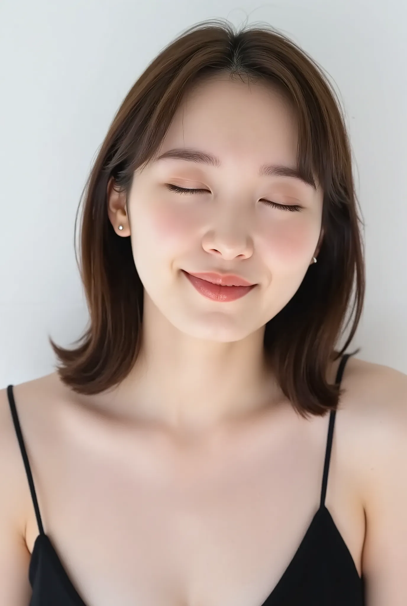 beautiful young woman, eyes closed, cheerful smiling expression, outer corners of eyes lowered, blushing cheeks, black camisole, collarbone visible, natural matte skin with fine texture, tightly puckered lips, lips pushed forward, small round kissy mouth, ...