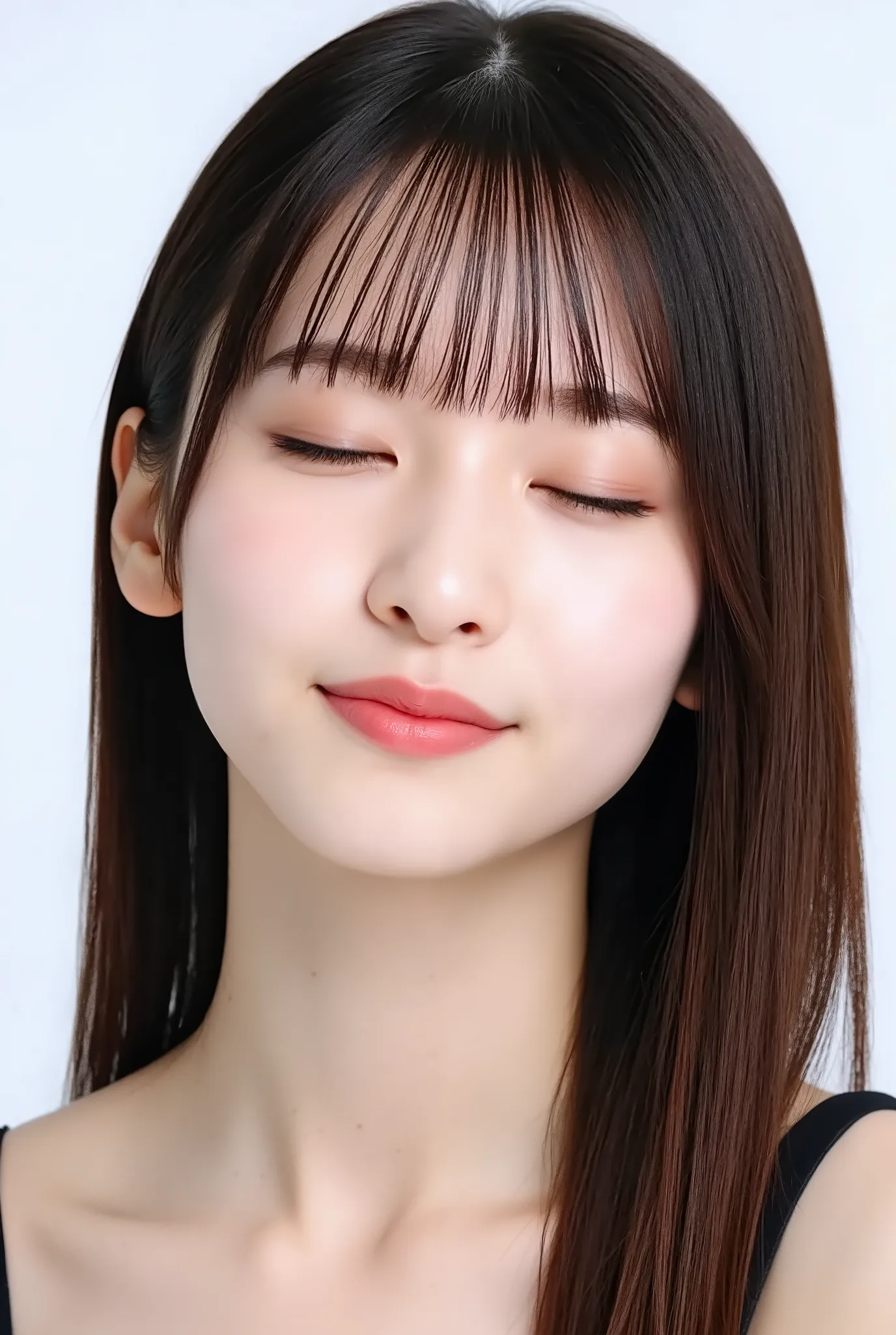 beautiful young woman, eyes closed, cheerful smiling expression, outer corners of eyes lowered, blushing cheeks, black camisole, collarbone visible, natural matte skin with fine texture, tightly puckered lips, lips pushed forward, small round kissy mouth, ...