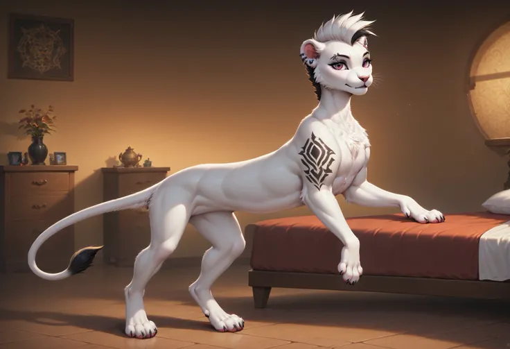 score_9, score_8_up, score_7_up, best quality, solo, ((feral)), Zaffa, lioness, black and white hair, white fur, fluffy fur, detailed fur, black tattoo, lioness tail, eyebrow piercing, ear clip, slim body, ((nacked)), bedroom, detailed background