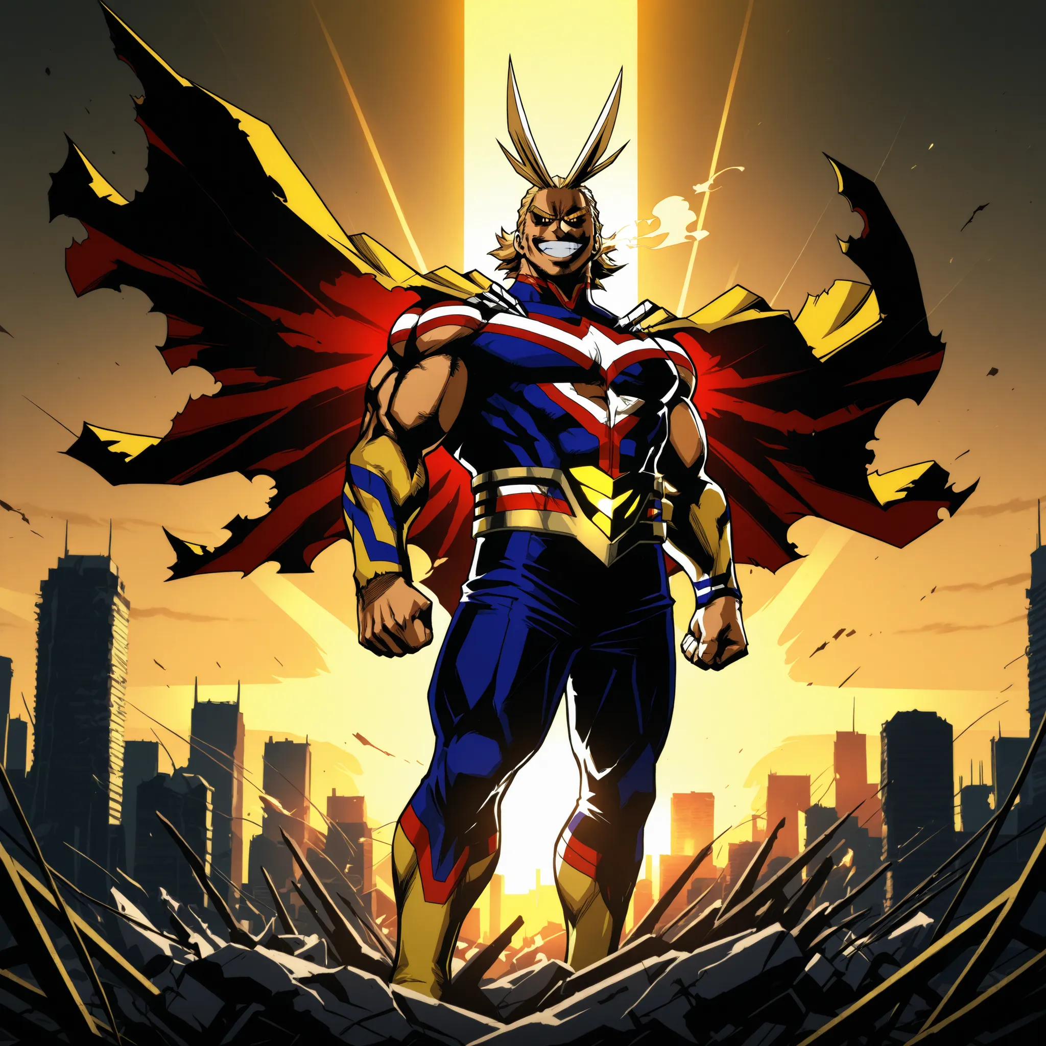 (All Might_My Hero Academia), in his iconic hero costume, standing triumphantly on top of a destroyed cityscape at sunrise, glowing with golden light, muscles exaggerated, wide heroic smile, wind blowing through his cape, anime style, ultra detailed, drama...