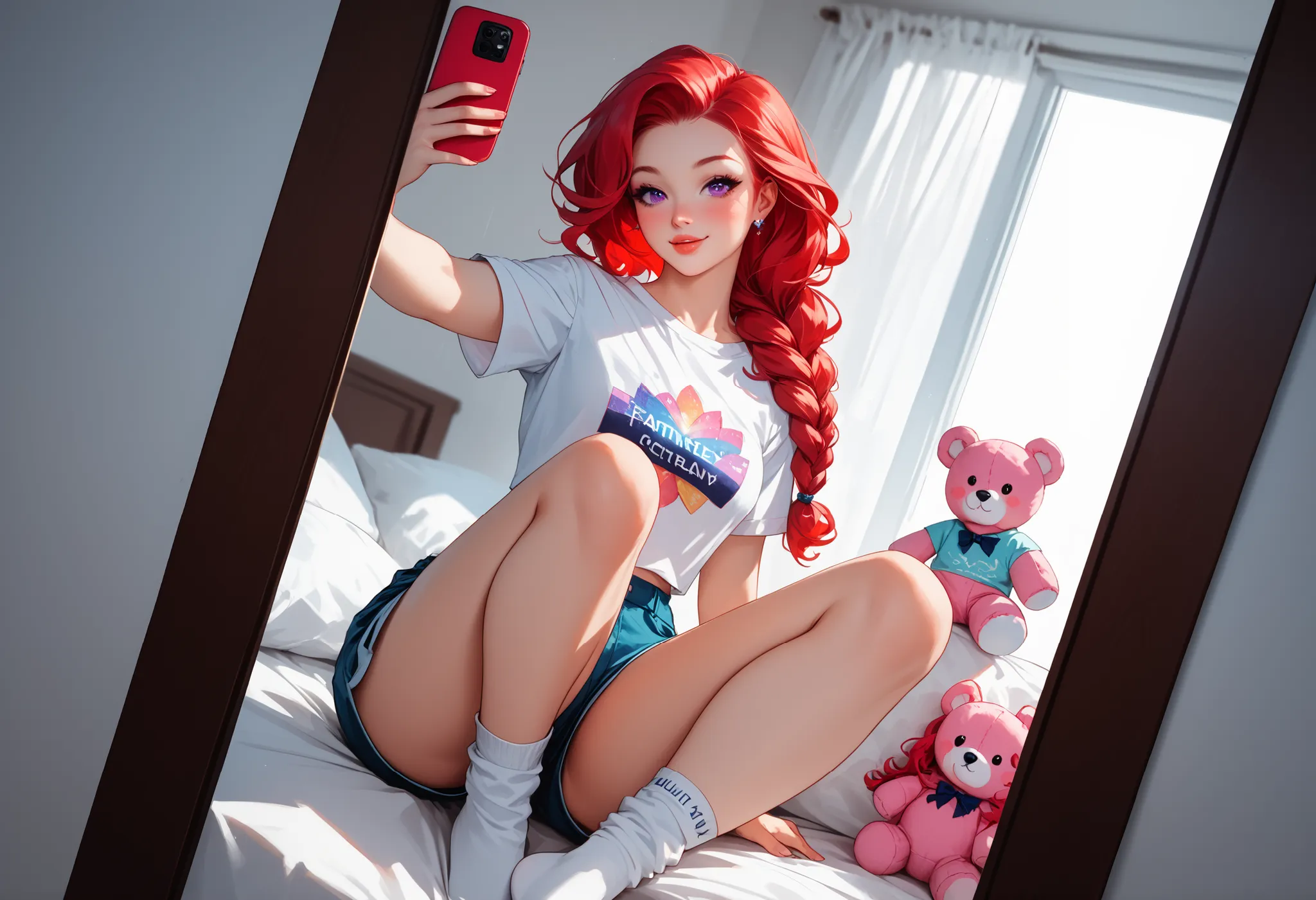 a very beautiful woman with long wavy red hair at the ends with a braid falling over her shoulder, slightly flushed cheeks, purple eyes, with beautiful curves, taking a selfie wearing a white t-shirt with a print of the character Stich from the movie Lilo ...