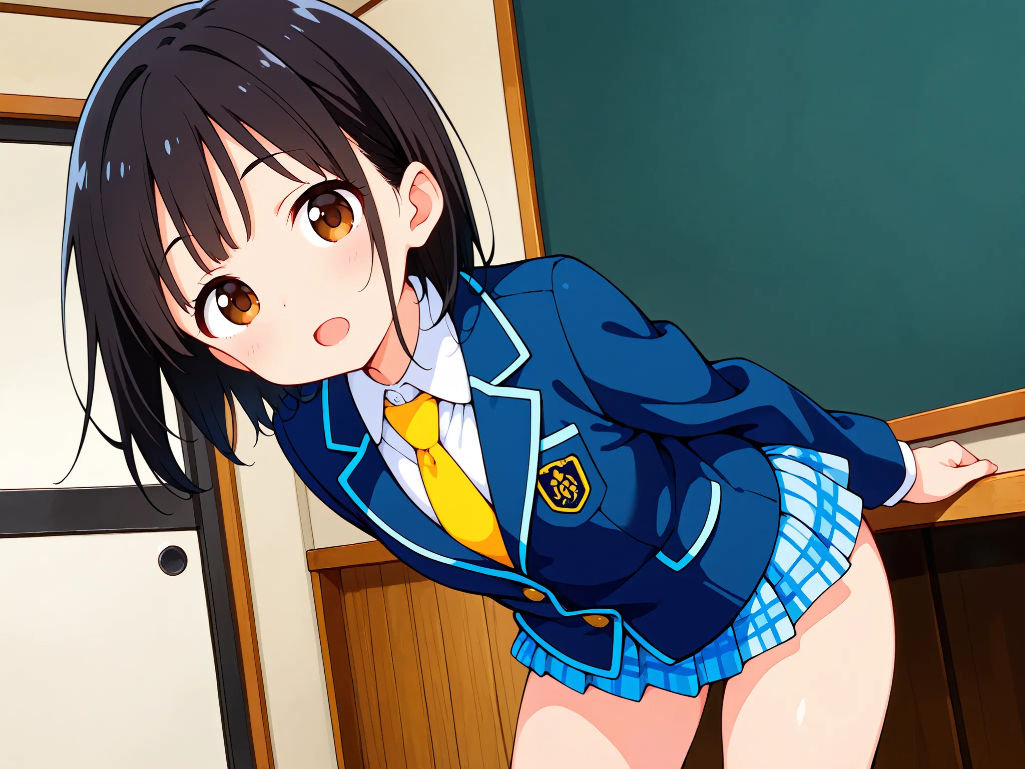 nsfw,((anime style)),score_9, score_8_up, score_7_up,masterpiece, best quality,ultra detail,
negishi masako ,
1girl , ((solo)),
short hair,black hair,brown eyes,round eyes,long bangs,(Flat Chest),
school uniform,(((blue blazer))),light blue checkered Plea...
