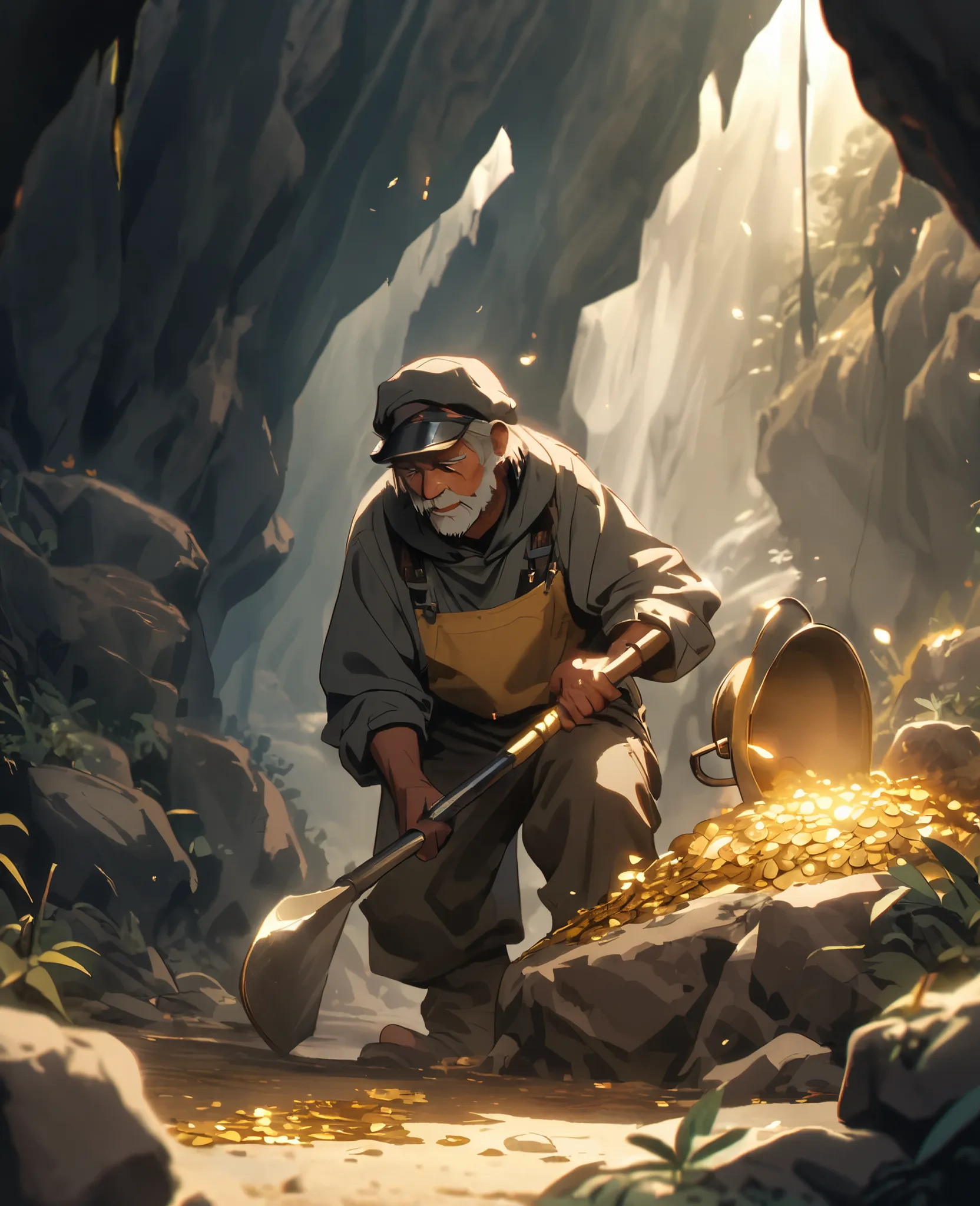 A prospector digs for gold in a cave in the mountain