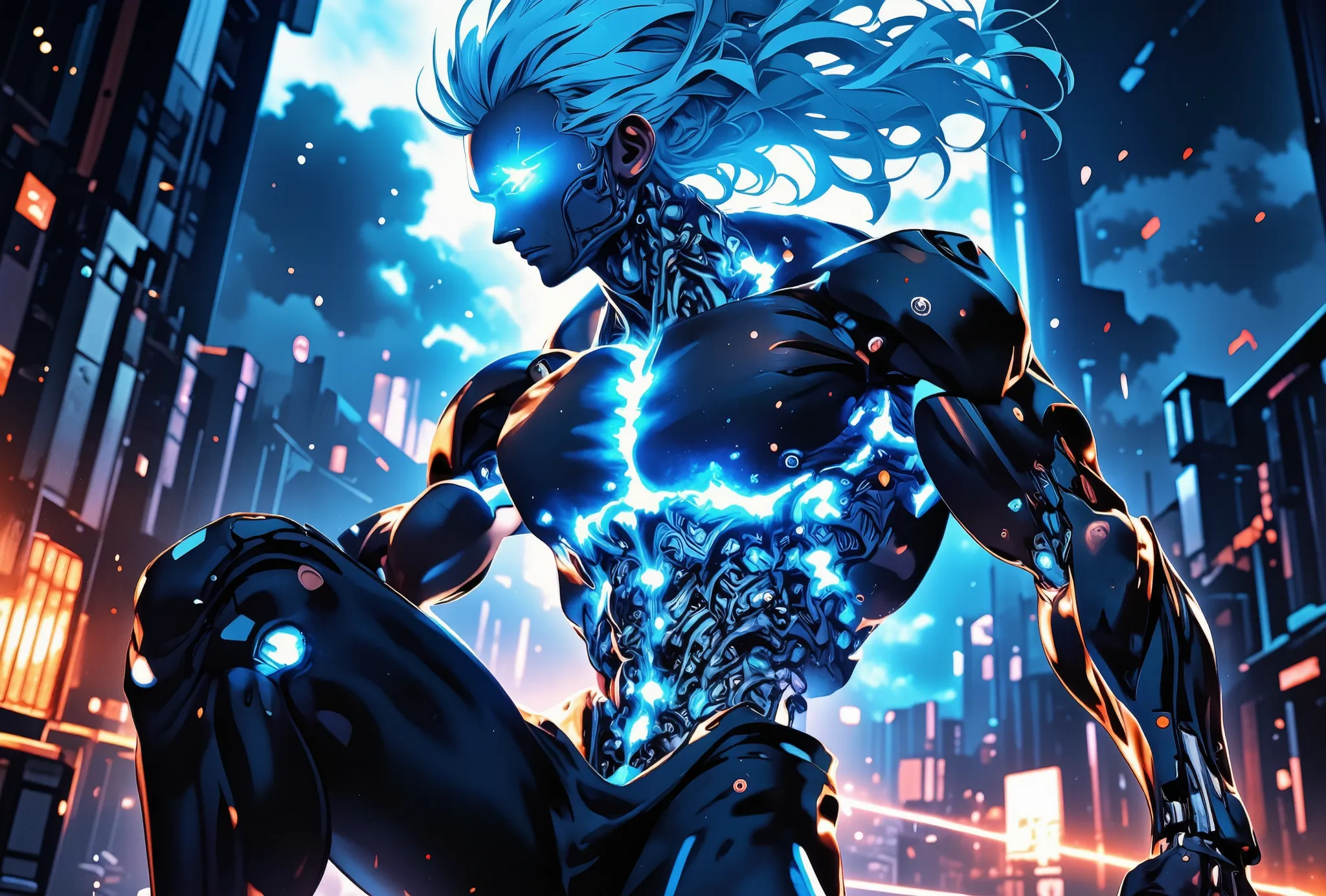 Hyperrealistic 3D animation in the style of Doberman Studio, with an anime girl (20 years, electric blue hair, bright green eyes, futuristic fitted suit) in a landscape post-apocalyptic with ruins and a stormy sky full of lightning. The scene lasts 1 minut...