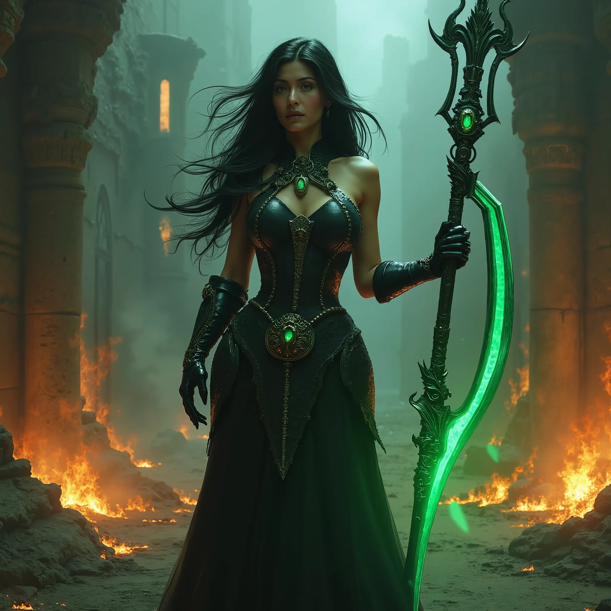 pinkdarkfantasy,
woman with long black hair, in intricate black armor with emerald gems, holds a large, a glowing green scythe, , standing among the burning ruins.