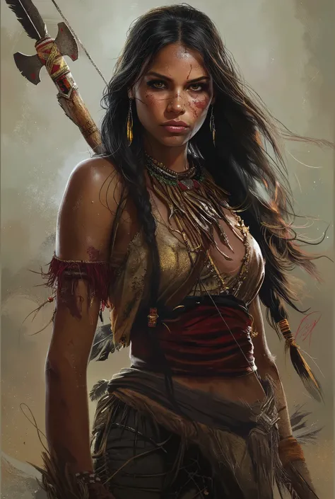 Create a highly detailed and realistic illustration of a Native American woman with exotic features, wearing traditional battle clothes. She holds a tomahawk, she is full of dirt. She has long dark hair, piercing brown eyes, and soft glowing skin. The art ...