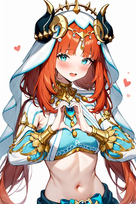 masterpiece,best quality,very aesthetic,absurdres,
nilou \(genshin impact\), 1girl, fake horns, solo, long hair, heart, heart hands, red hair, looking at viewer, white veil, crop top, navel, puffy long sleeves, white background, jewelry, blush, twintails, simple background, brooch, nail polish, low twintails, neck ring, harem outfit, stomach, blue nails, aqua eyes, upper body, detached sleeves, circlet, open mouth, midriff, parted bangs, gold trim, bracer, white headwear