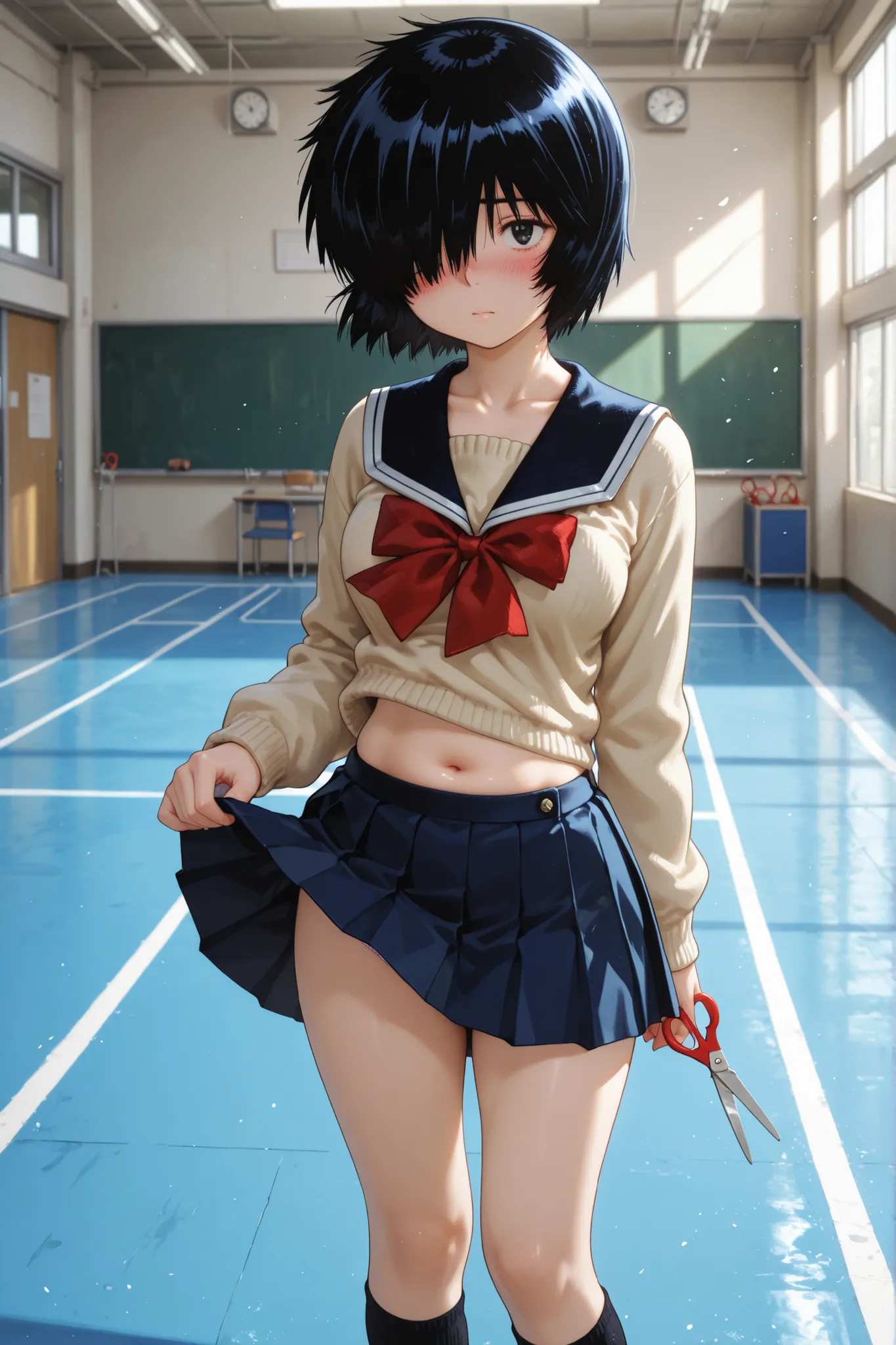 1 girl, urabe mikoto, blue pleated skirt, collarbone, wind lifted, shoes, belly button, underwear, sweater, socks, short hair, school uniform, serafuku, hair over one eye, scissors, blush, black eyes, standing, at school, sports court, looking at viewer, s...