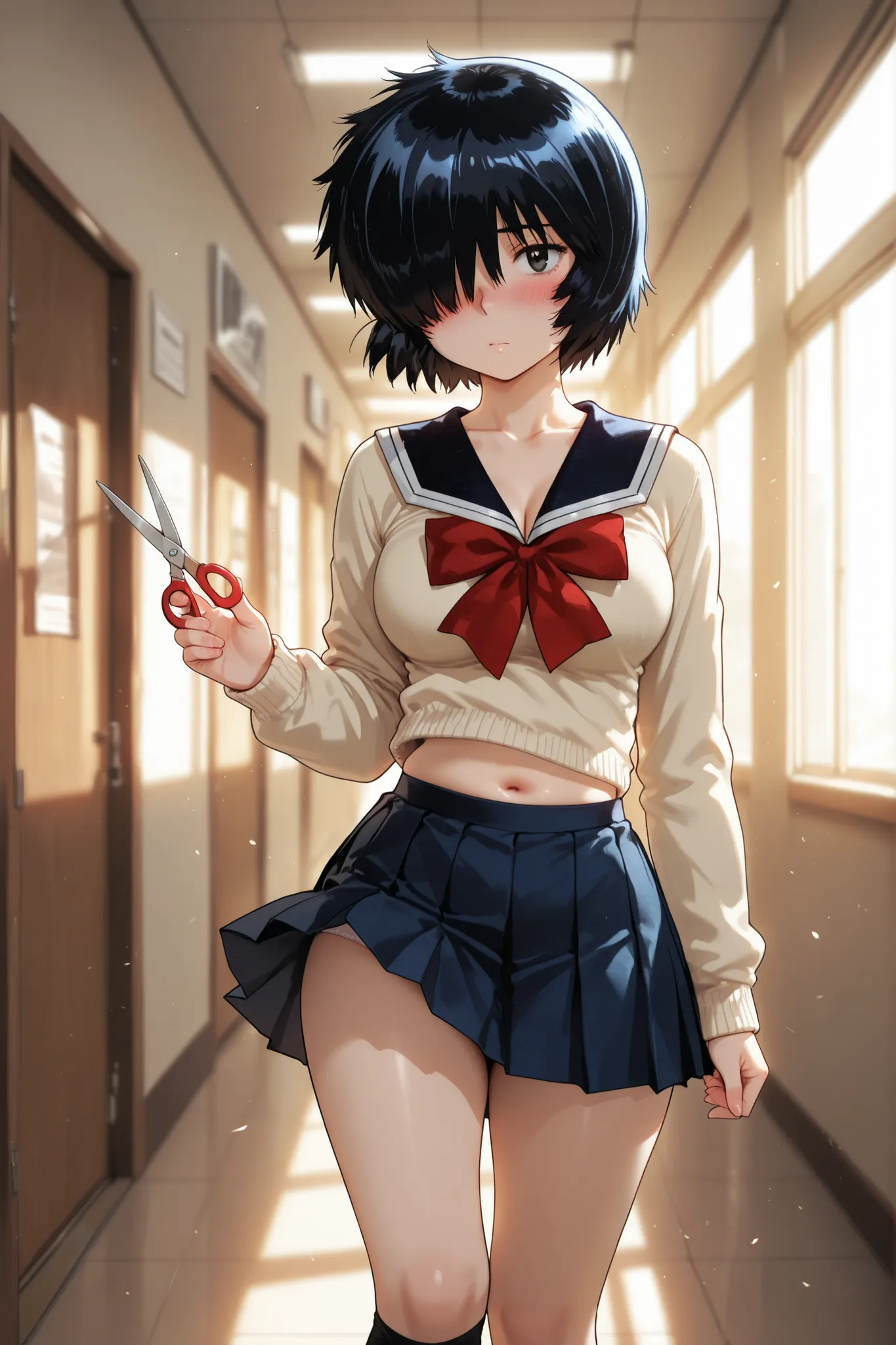 1girl, urabe mikoto, blue pleated skirt, collarbone, wind lifted, shoes, belly button, underwear, sweater, socks, short hair, school uniform, serafuku, hair over one eye, holding scissors with left hand, blush, black eyes, standing, in school hallway, look...