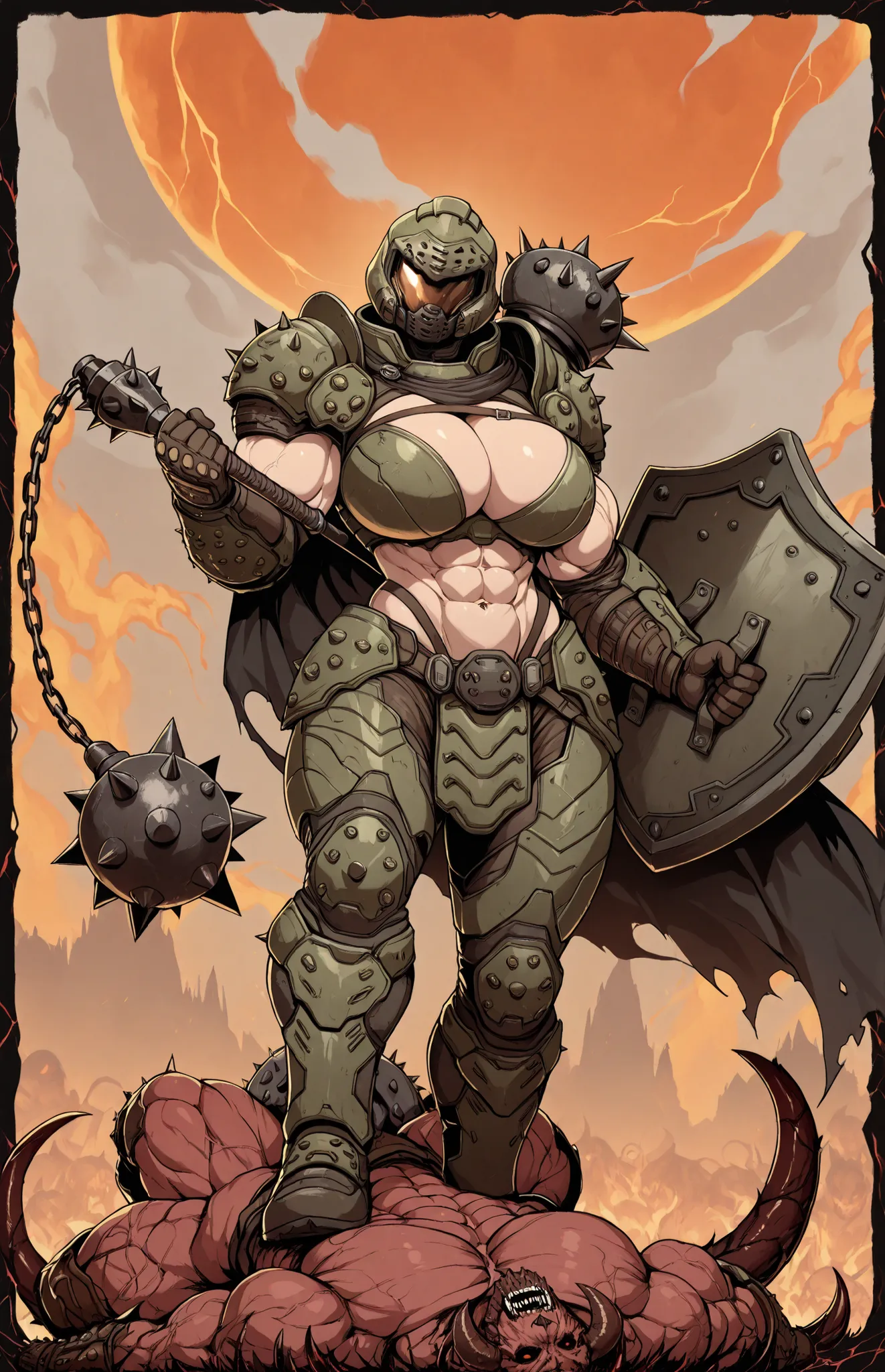 Doom Slayer with hyper massive breasts, holding a mace and shield, ill fitting armor, amazon body, huge biceps, abs, standing on dead demon,  hell background,detailed background,  extremely detailed,  intricate details,  masterpiece, best quality 