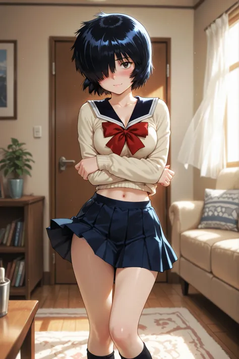 1 girl, urabe mikoto, blue pleated skirt, collarbone, wind lifted, shoes, navel, underwear, sweater, socks, short hair, school uniform, serafuku, hair over one eye, blush, black eyes, standing, home, in living room, looking at viewer, sexy, attractive, sen...