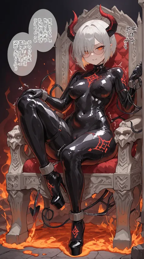 A seductive demon girl in erotic manga style sits on a gothic throne made of dark stone and glowing runes. She wears a glossy black latex bodysuit with fiery lava-like accents on the thighs and chest, form-fitting and reflective. Her legs are spread wide b...