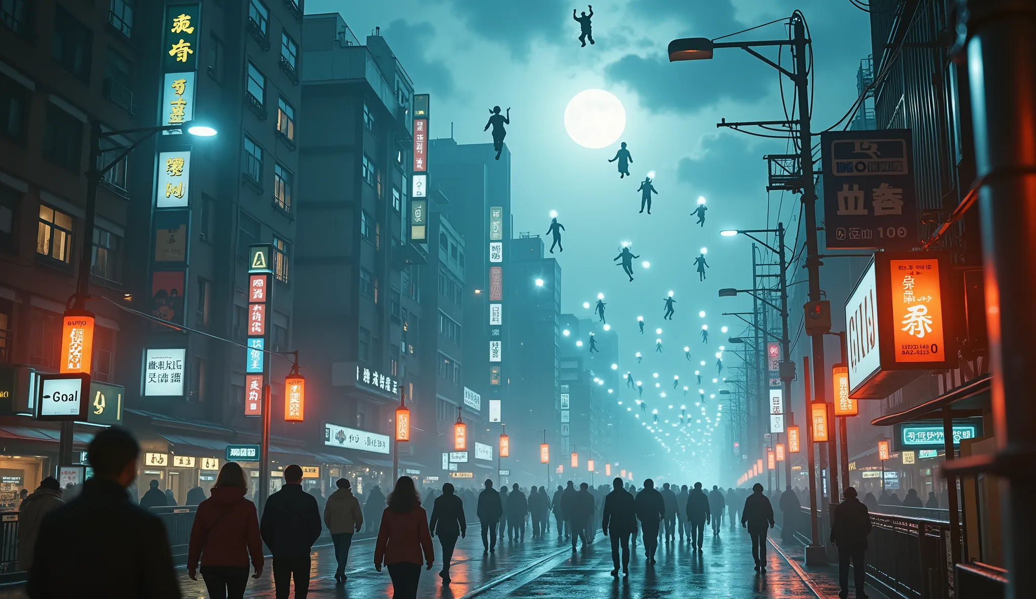 a night scene in a japanese city,cityscape of tokyo at night,glowing neon lights,skyscrapers,illuminated streets,bustling nightlife,people walking on the sidewalks,traffic lights and vehicles,reflections on wet pavement,cloudy sky with bright moon,warm col...