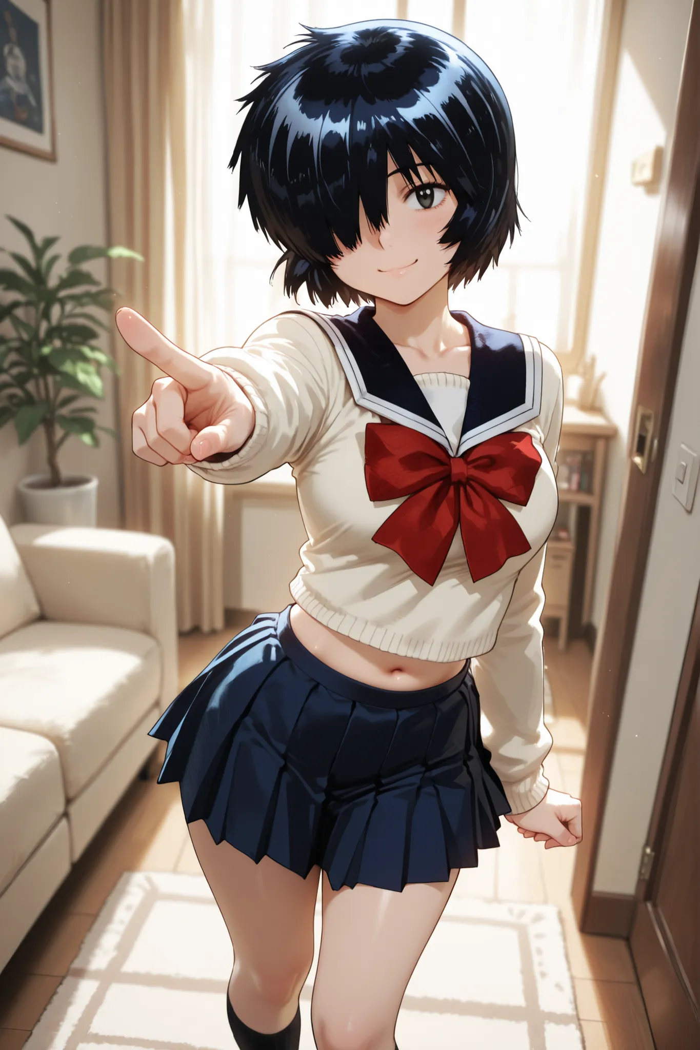 1 girl, urabe mikoto, blue pleated skirt, collarbone, shoes, belly button, underwear, sweater, socks, short hair, school uniform, serafuku, hair over one eye, black eyes, standing, home, in living room, looking at viewer, sexy, attractive, sensual, perfect...