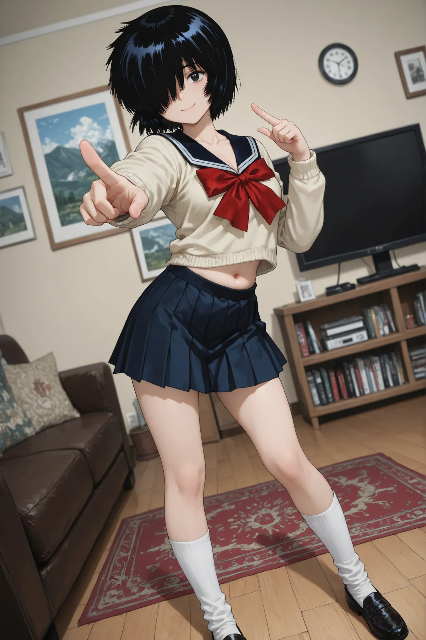 1 girl, urabe mikoto, blue pleated skirt, collarbone, shoes, belly button, underwear, sweater, socks, short hair, school uniform, serafuku, hair over one eye, black eyes, standing, home, in living room, looking at viewer, sexy, attractive, sensual, perfect...