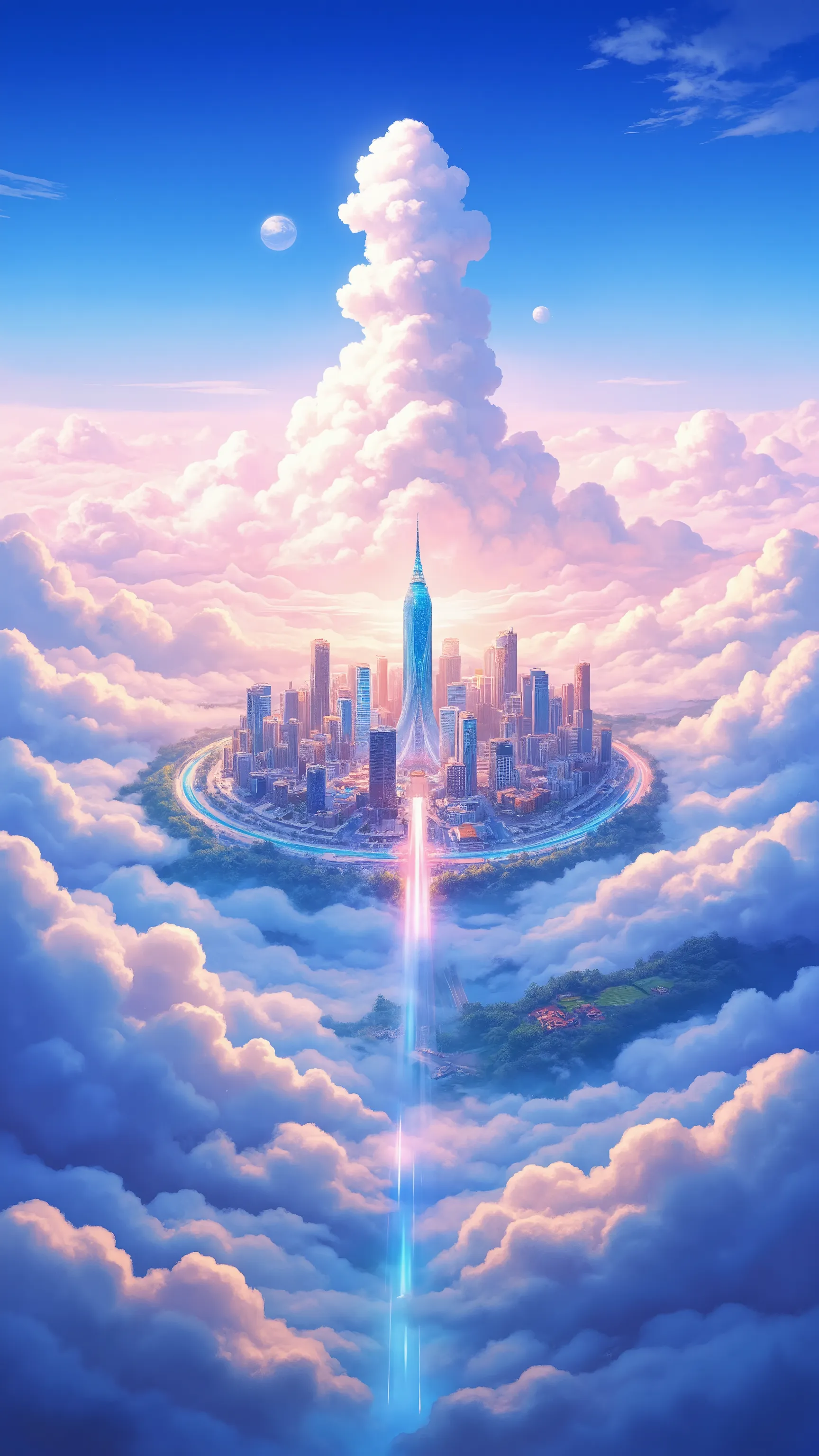Isekai Space 、Close to space、 A city above the clouds 、City in a Mirage、Picturesque Backgrounds、Floating City Emerging from Clouds、Digital Images 、near future、City Buildings Shining on High Resolution Backgrounds、Dreamy City Above the Clouds、非常に詳細なDigital ...