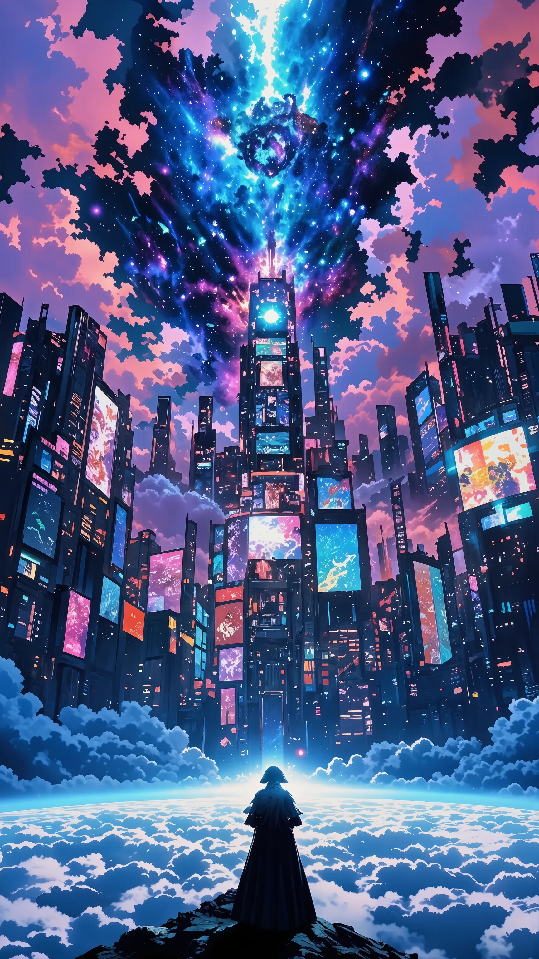 Isekai Space 、Close to space、 A city above the clouds 、City in a Mirage、Picturesque Backgrounds、Floating City Emerging from Clouds、Digital Images 、near future、City Buildings Shining on High Resolution Backgrounds、Dreamy City Above the Clouds、非常に詳細なDigital ...