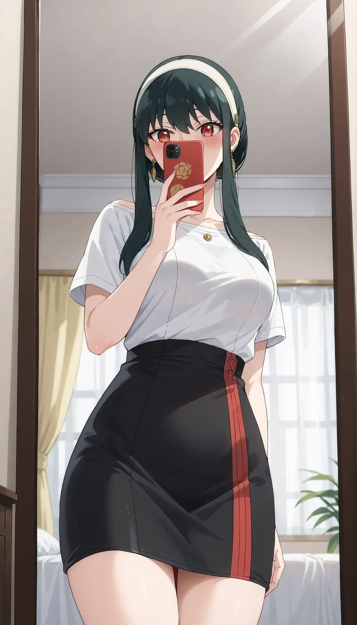 (((masterpiece))),(((High Quality))),(((Yor Forger(SPY×FAMILY) ))),(((Medium Breasts))),dark haired,(((Blush))),Black Tight Skirt,white t-shirt,((selfie)),(low angle),(Through the mirror),Ulchan - 6500-v1.1, (RAW pictures:1.2), BEAUTIFUL DETAILS, very deta...