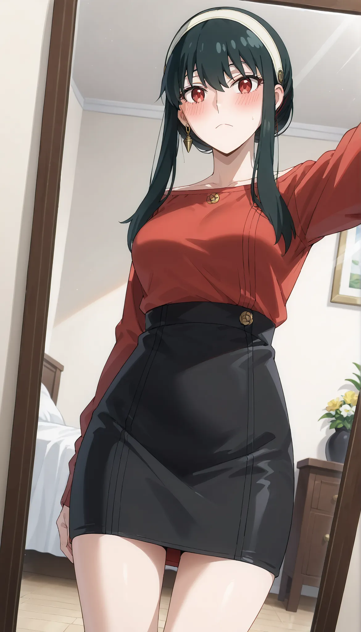 (((masterpiece))),(((High Quality))),(((Yor Forger(SPY×FAMILY) ))),(((Medium Breasts))),dark haired,(((Blush))),Black Tight Skirt,white t-shirt,((selfie)),(low angle),(Through the mirror),Ulchan - 6500-v1.1, (RAW pictures:1.2), BEAUTIFUL DETAILS, very deta...