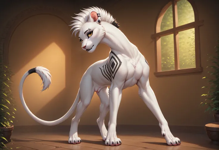 score_9, score_8_up, score_7_up, masterpiece, detailed_eyes, high_quality, best_quality, highres, absurdres, 8k, subject_focus, depth_of_field, best quality, solo, ((feral)), Zaffa, lioness, black and white hair, white fur, fluffy fur, detailed fur, black ...