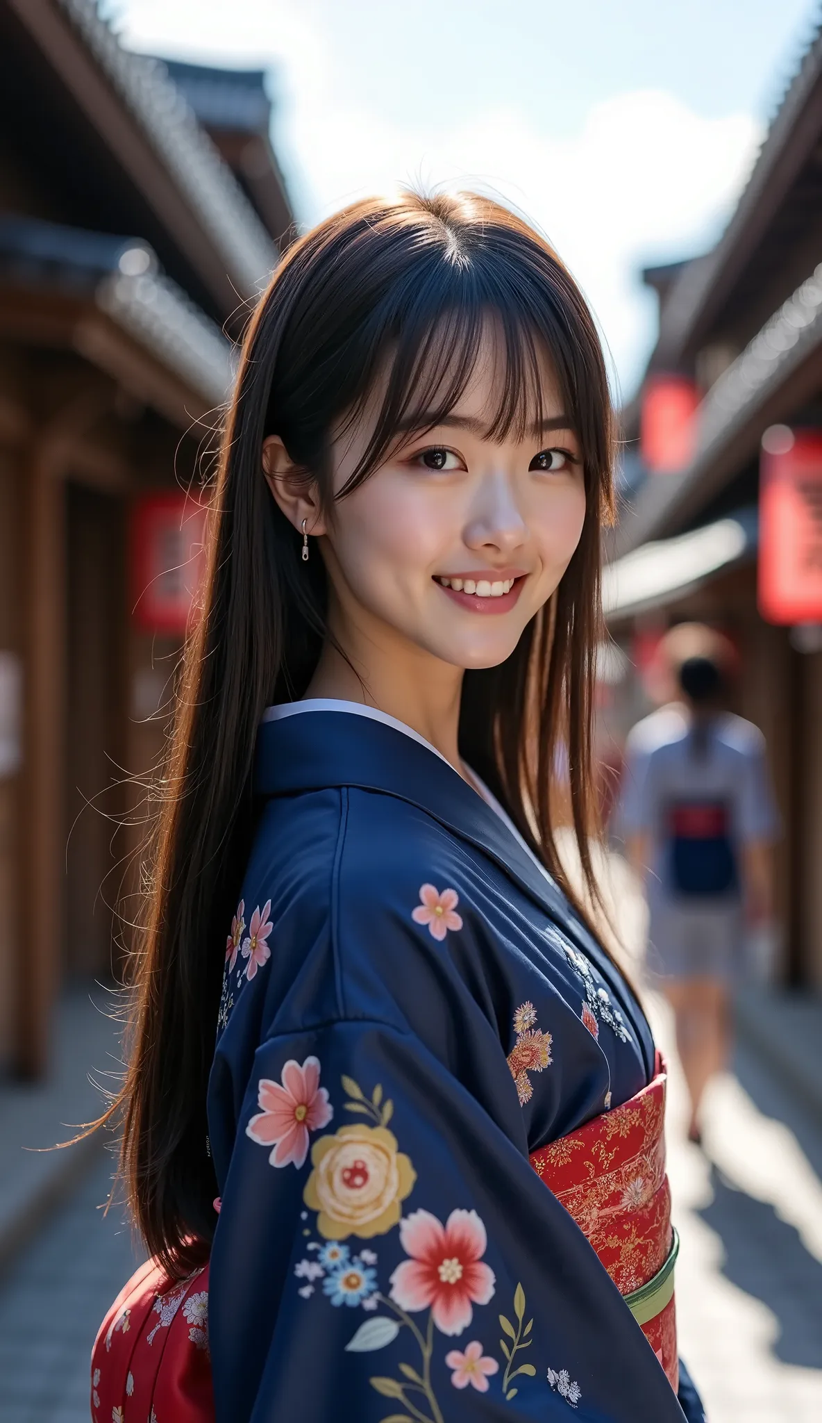 ((Top quality)), ((masterpiece)), ( details), Japanese girl full body high definition image, 顔のdetails, smiling, very beautiful kimono , woman in dark blue and floral kimono。Kyoto Gion cityscape background。