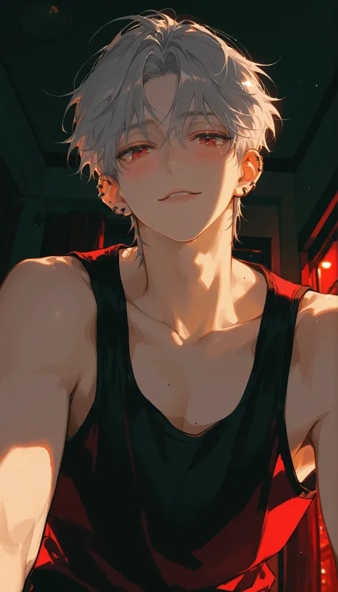 male,handsome,a room in an apartment,lots of piercings,close-up,silver hair,black eye,dark eye,seductive smile,night,suspicious looking,POV from below,overlapping posture,a character looming over the viewer,bedroom,back lighting,looking straight into the v...