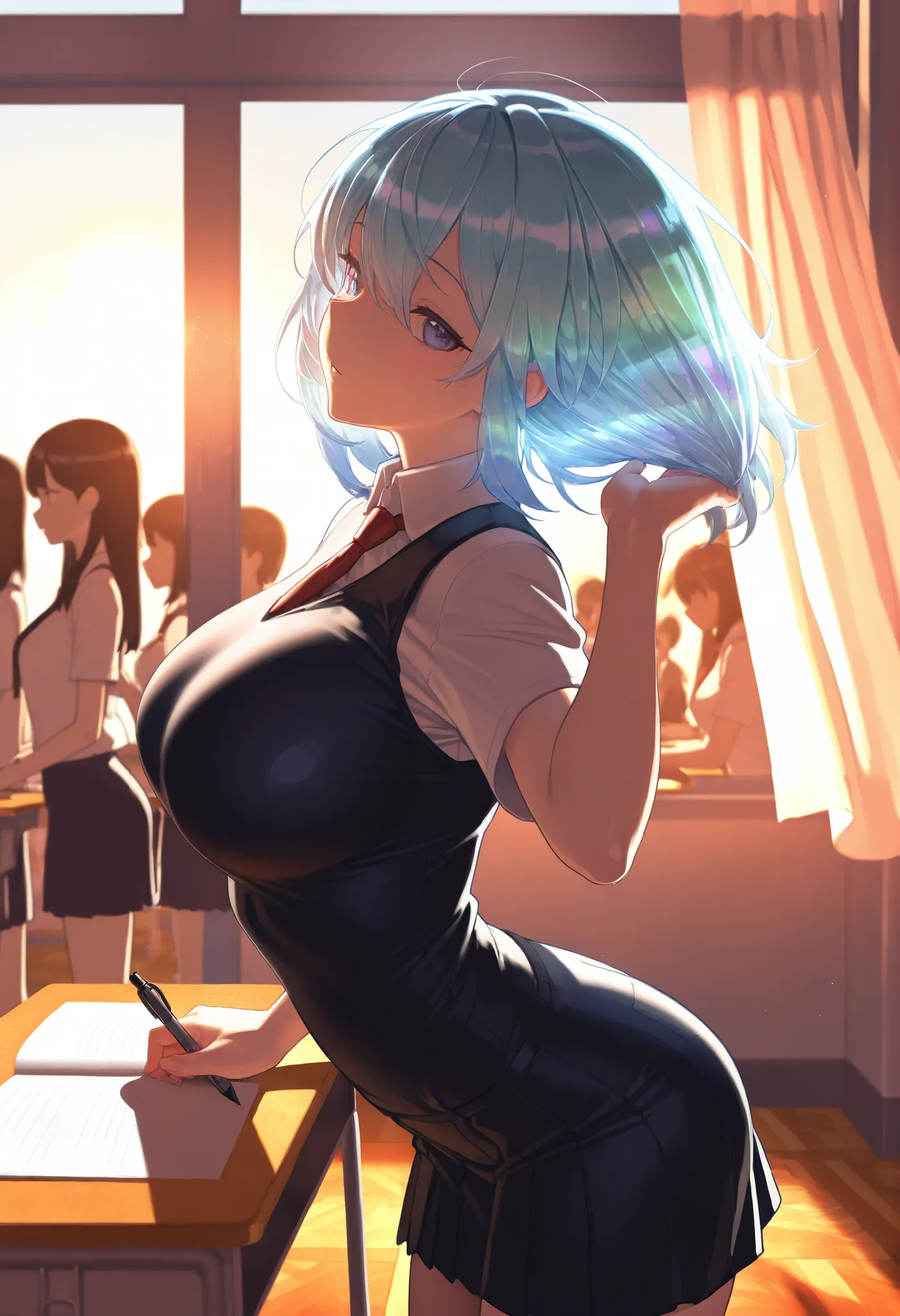 Masterpiece,the best quality,new ,Absurds,high resolution,1 adult girl ,,classroom,school uniform,Picking up a pen from the table,arched back,Standing on the floor,people around,More students ,window,summer day,warm tones,Wind moving the hair and the curta...