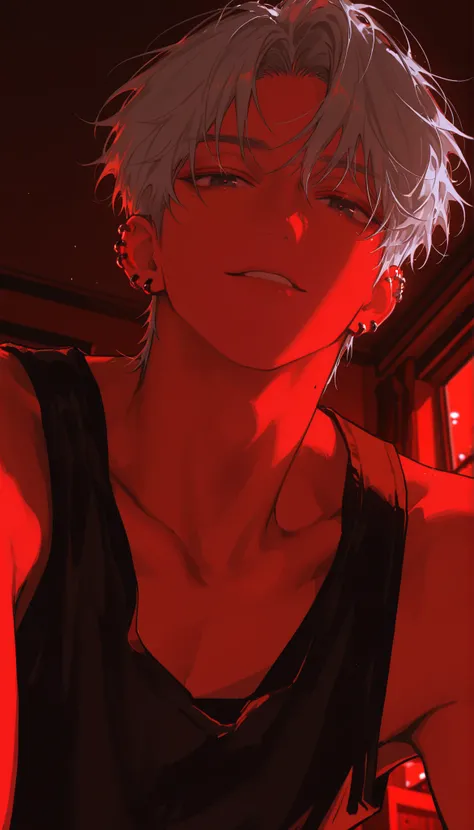 male,handsome,a room in an apartment,lots of piercings,close-up,silver hair,black eye,dark eye,seductive smile,night,suspicious looking,POV from below,relaxed pose, bedroom,back lighting,looking straight into the viewer’s eyes,a seductive stare into the vi...