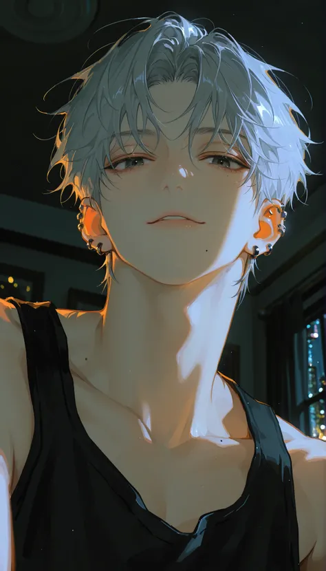 male,handsome,a room in an apartment,lots of piercings,close-up,silver hair,black eye,dark eye,seductive smile,night,suspicious looking,POV from below,relaxed pose, bedroom,back lighting,looking straight into the viewer’s eyes,a seductive stare into the vi...