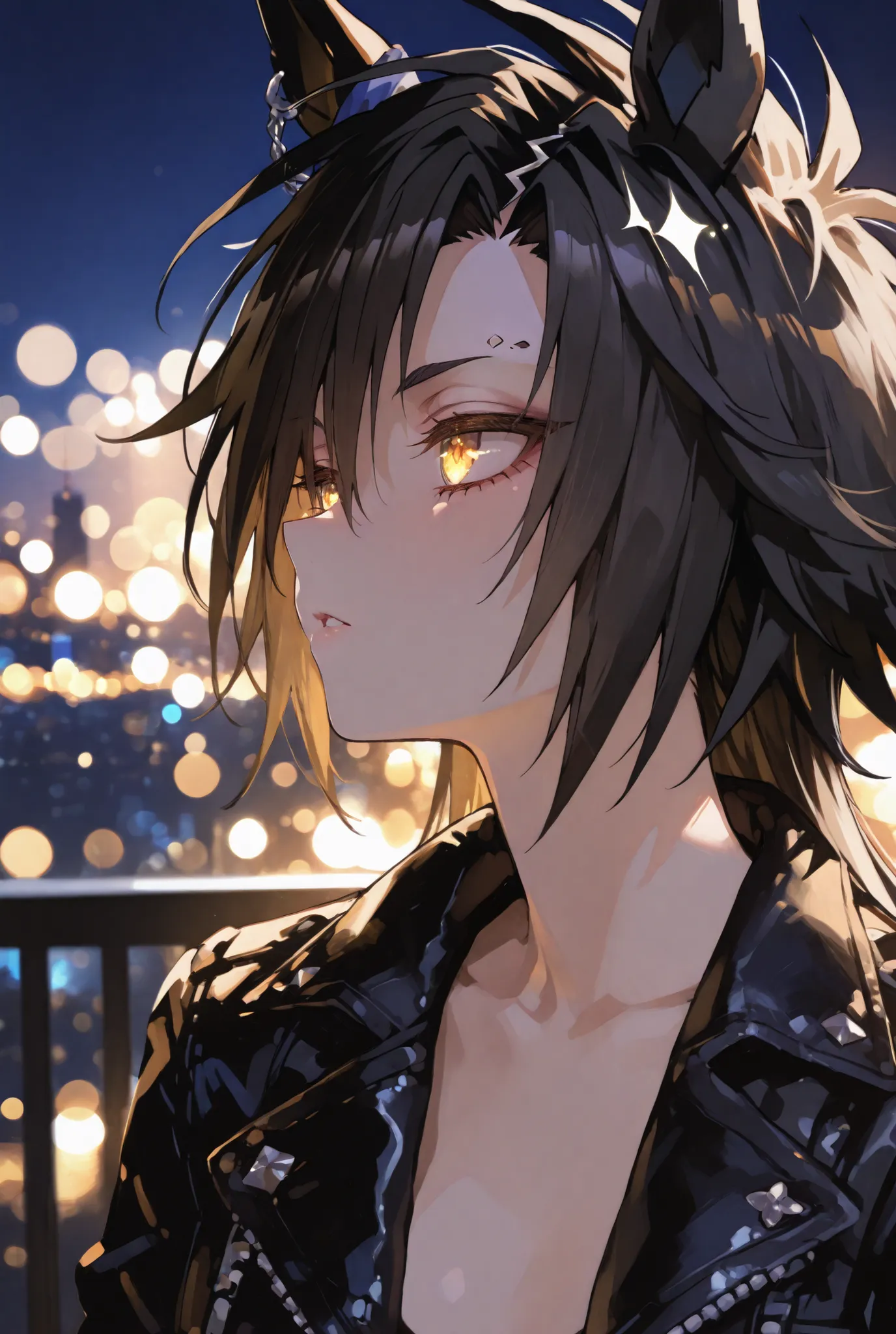 masterpiece、air shakur \(umamusume\)、A dramatic anime-style bust-up portrait of a character, framed like a cinematic photograph. The background features a stunning night cityscape with vibrant, glowing lights and soft bokeh effects, creating a dreamy and a...