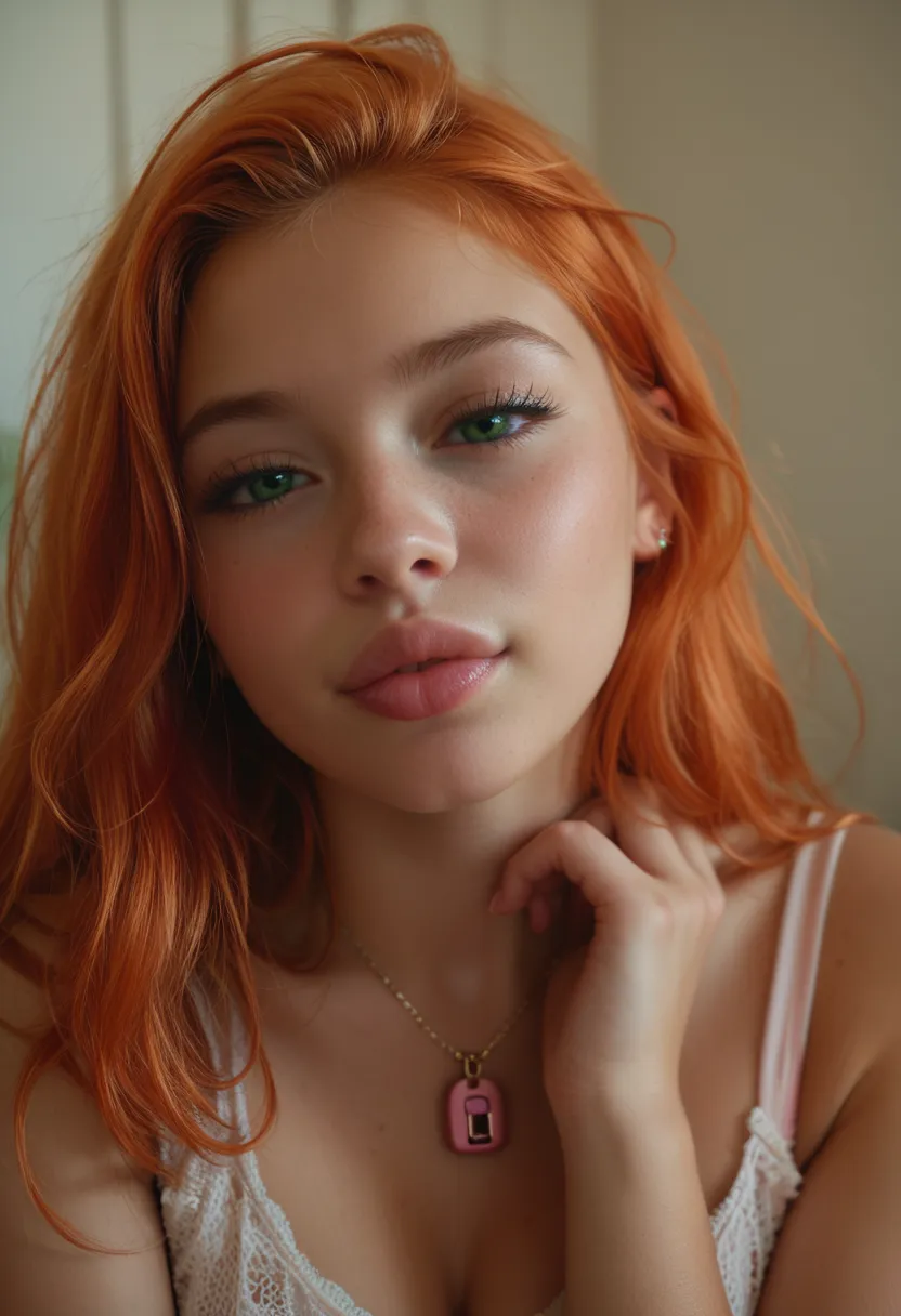 tiny ULTRA REALISTIC, cute girl, cute face, big green eyes, full lips, long orange red hair pink lock, blow job