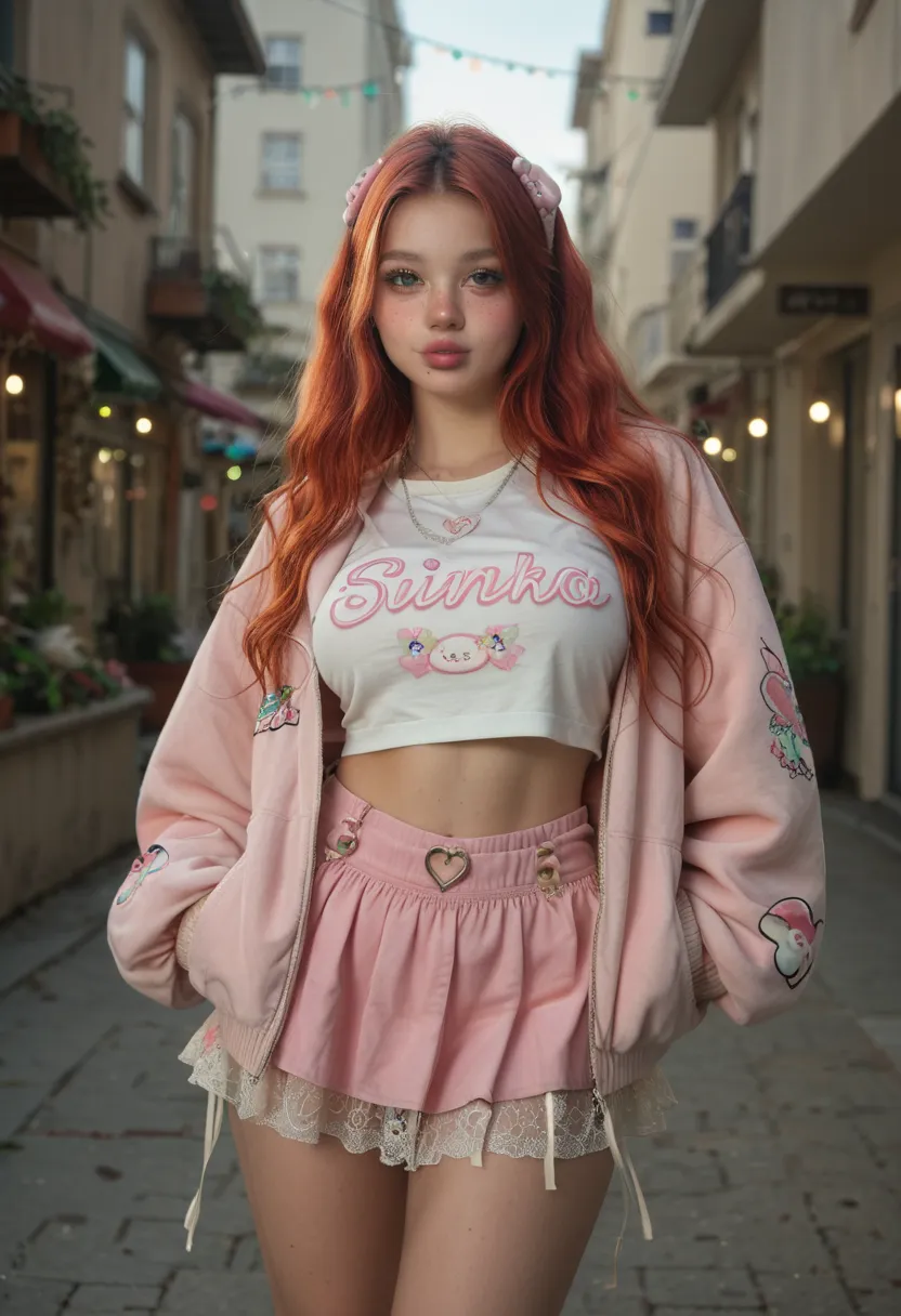 tiny ULTRA REALISTIC, cute girl, cute face, big green eyes, full lips, long orange red hair pink strand, skinny, huge breast, Extra huge ASS, thick thighs, pale skin, a lot of freckles, TINNY WAIST. Close-up face adorable Tokyo fashion outfit top, oversize...