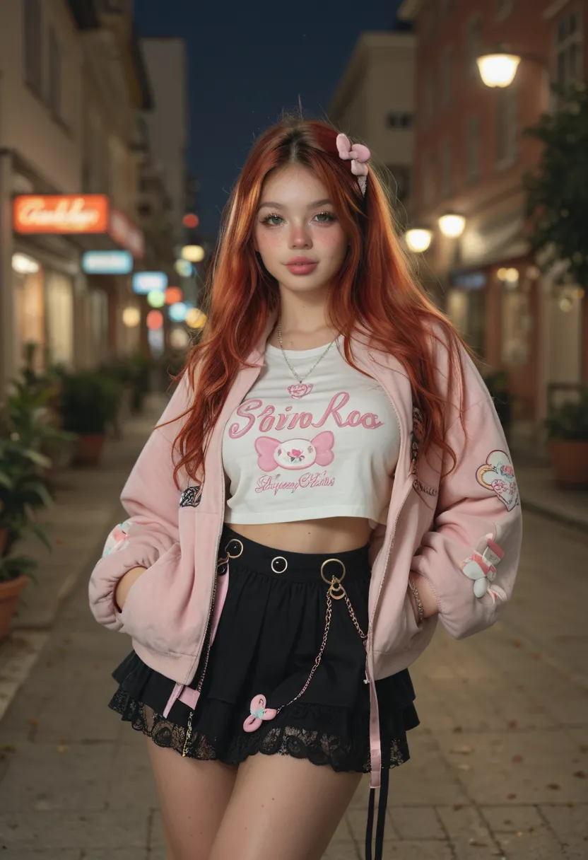 tiny ULTRA REALISTIC, cute girl, cute face, big green eyes, full lips, long orange red hair pink strand, skinny, huge breast, Extra huge ASS, thick thighs, pale skin, a lot of freckles, TINNY WAIST. Close-up face adorable Tokyo fashion outfit top, oversize...